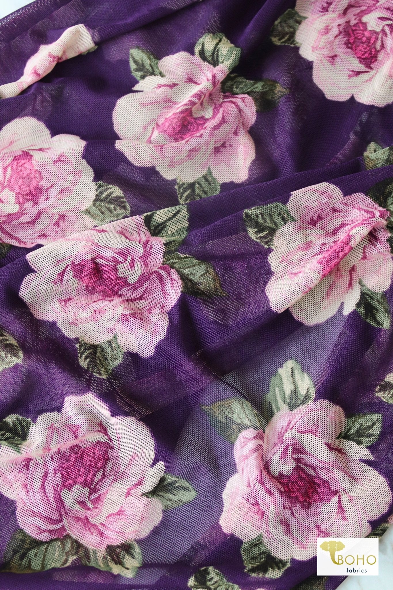 Purple Florals, Stretch Mesh Printed Fabric. - Boho Fabrics