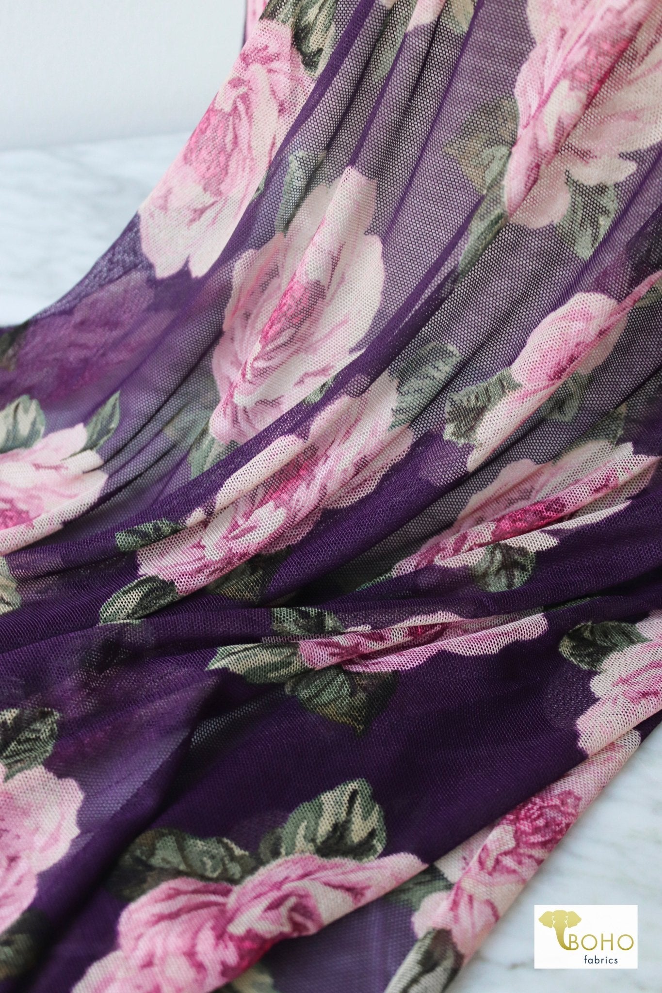 Purple Florals, Stretch Mesh Printed Fabric. - Boho Fabrics