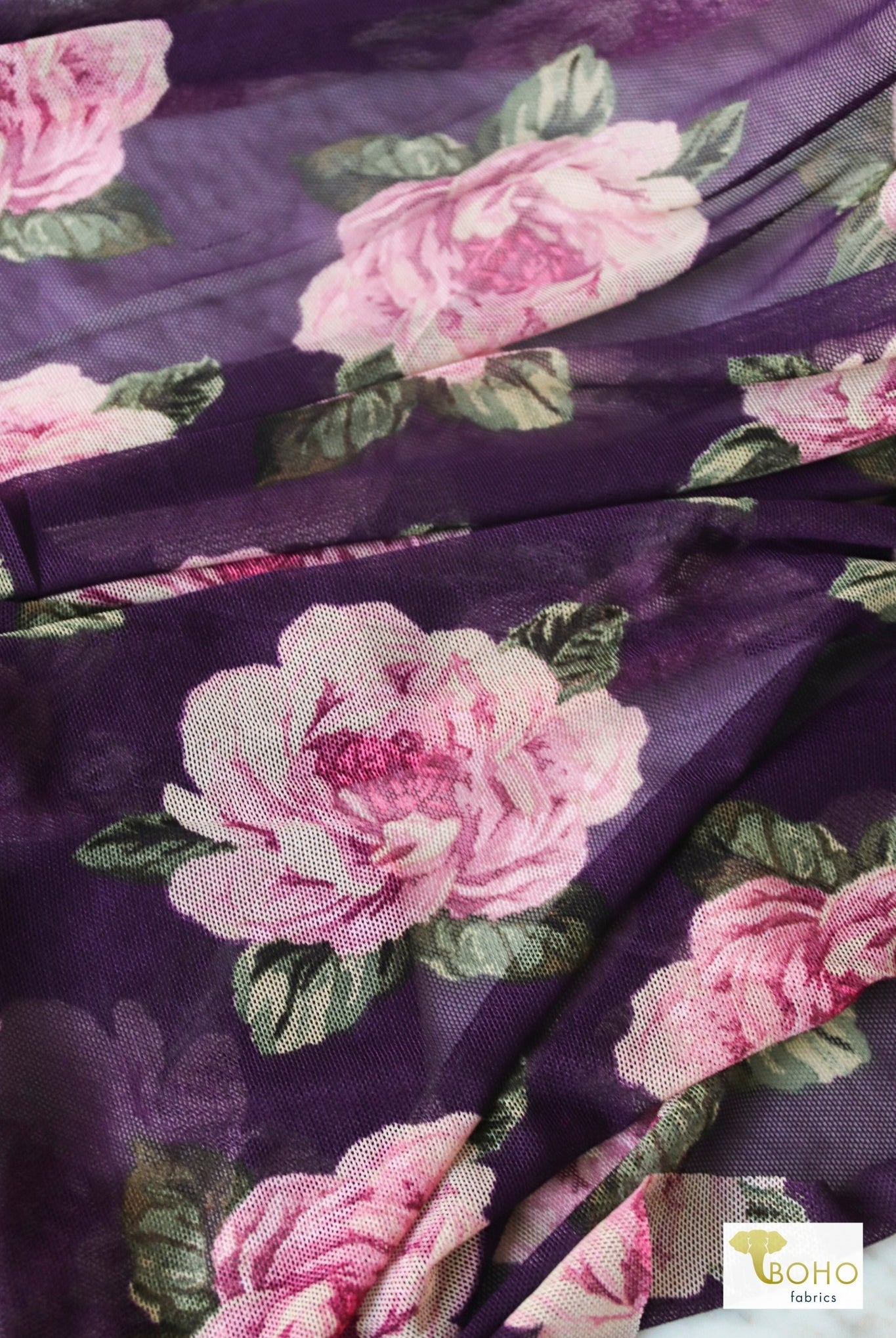 Purple Florals, Stretch Mesh Printed Fabric. - Boho Fabrics