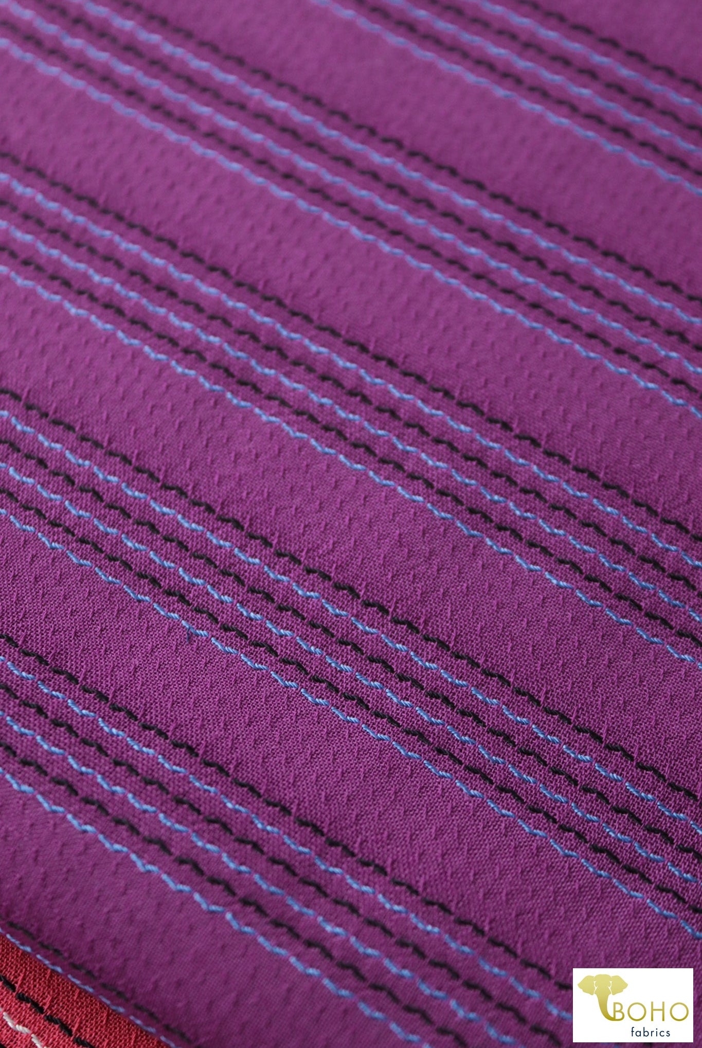 Purple Pacific Coast Highway Stripes. Embroidered Stripes on Purple Woven Fabric. WVS-308-PURP - Boho Fabrics