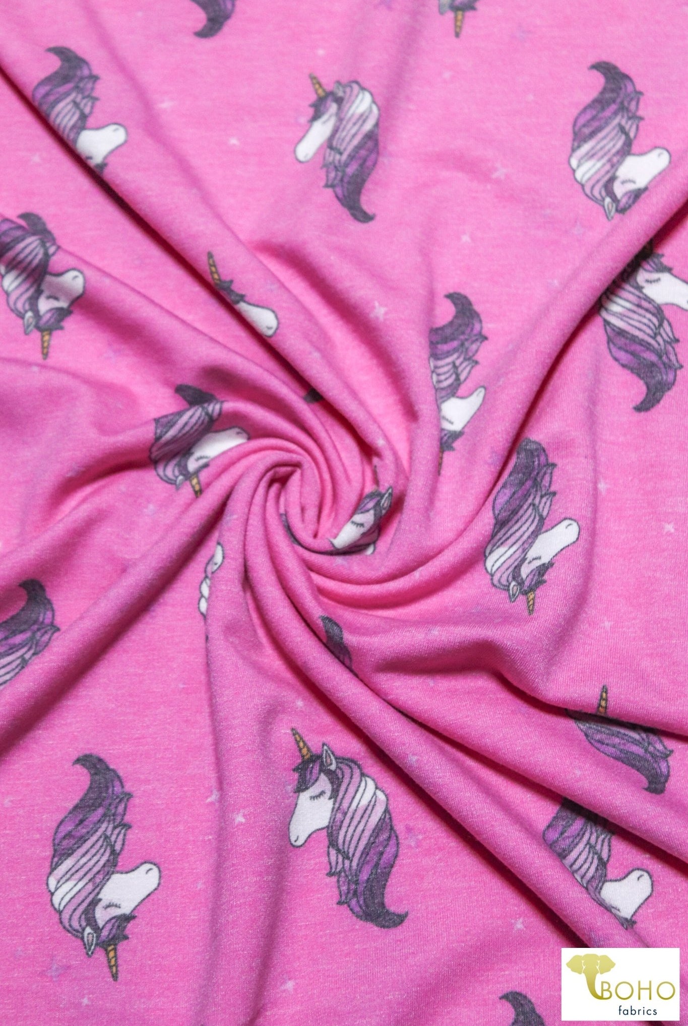 Purple Unicorns on Pink, French Terry Knit Print FTP-325-PNK - Boho Fabrics