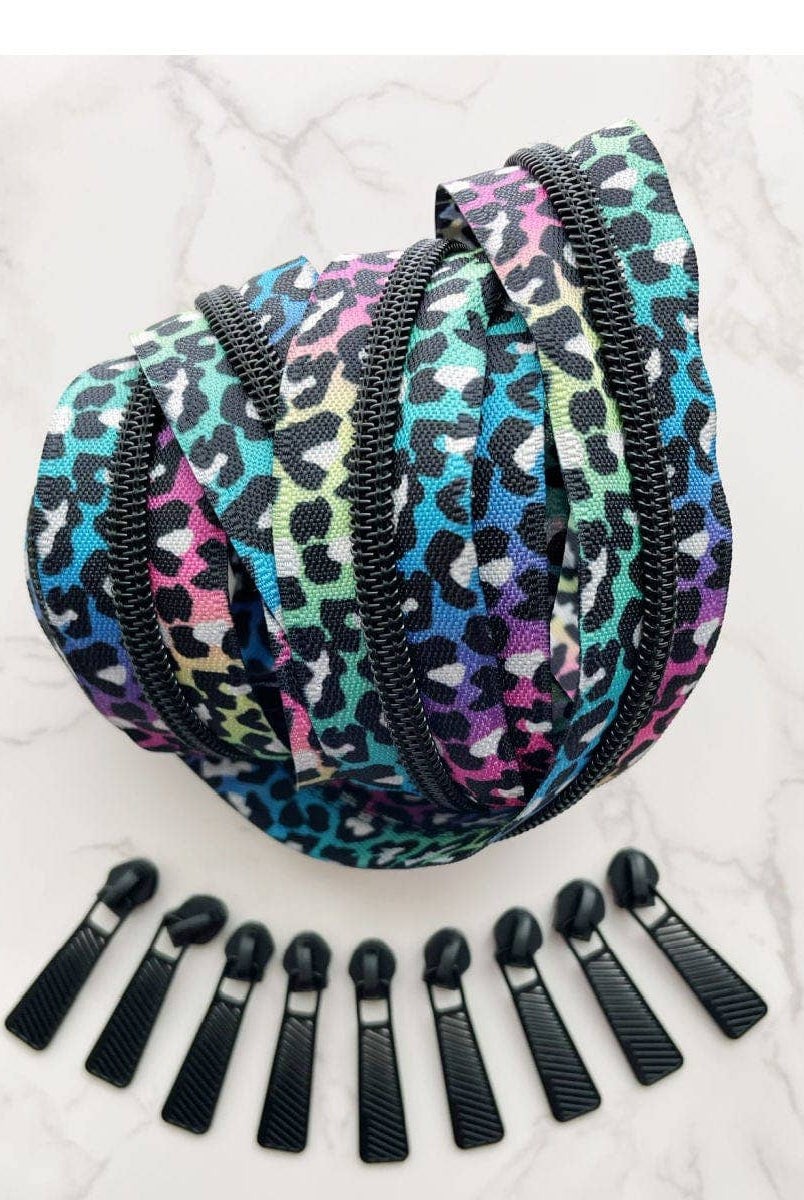 Rainbow Leopard Print Continuous Zipper Tape 3 Yards - Boho Fabrics - Zippers