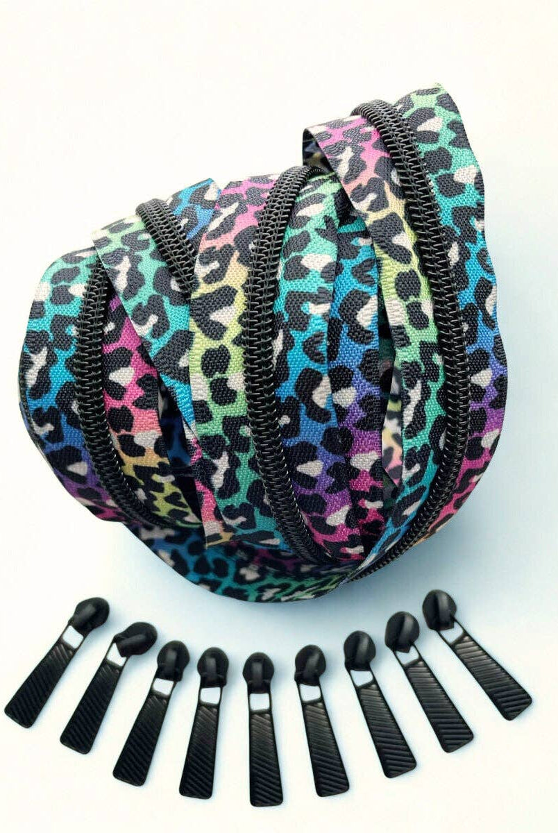 Rainbow Leopard Print Continuous Zipper Tape 3 Yards - Boho Fabrics - Zippers