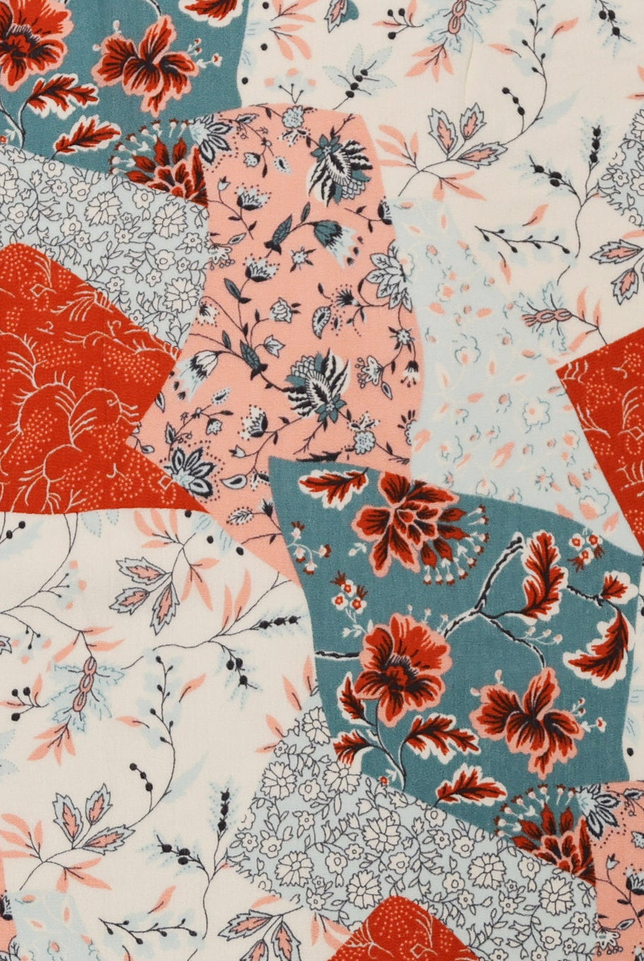 Red, Blue, and Peach Botanical Patchwork Rayon Crepe Woven Fabric - Boho Fabrics - Crepe, Woven
