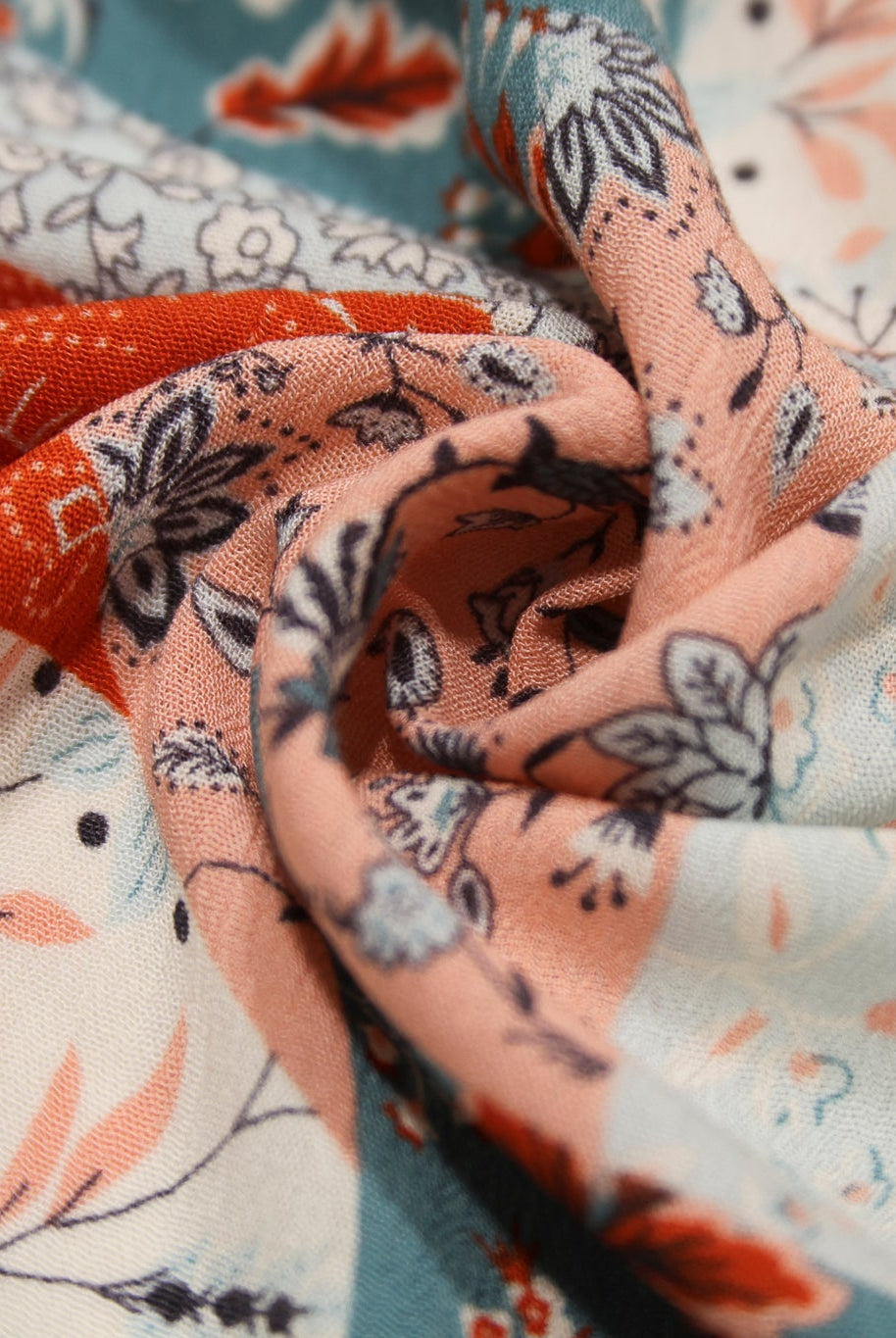 Red, Blue, and Peach Botanical Patchwork Rayon Crepe Woven Fabric - Boho Fabrics - Crepe, Woven