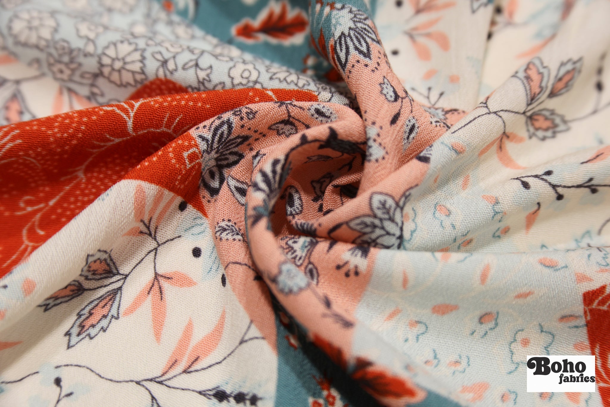 Red, Blue, and Peach Botanical Patchwork Rayon Crepe Woven Fabric - Boho Fabrics - Crepe, Woven