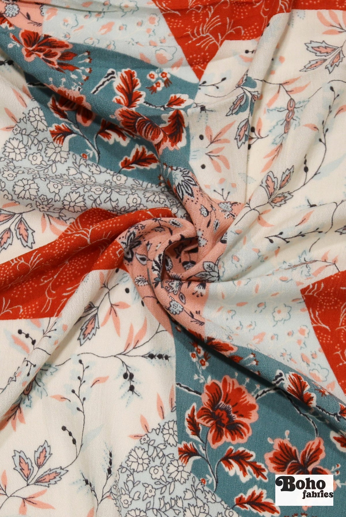 Red, Blue, and Peach Botanical Patchwork Rayon Crepe Woven Fabric - Boho Fabrics - Crepe, Woven