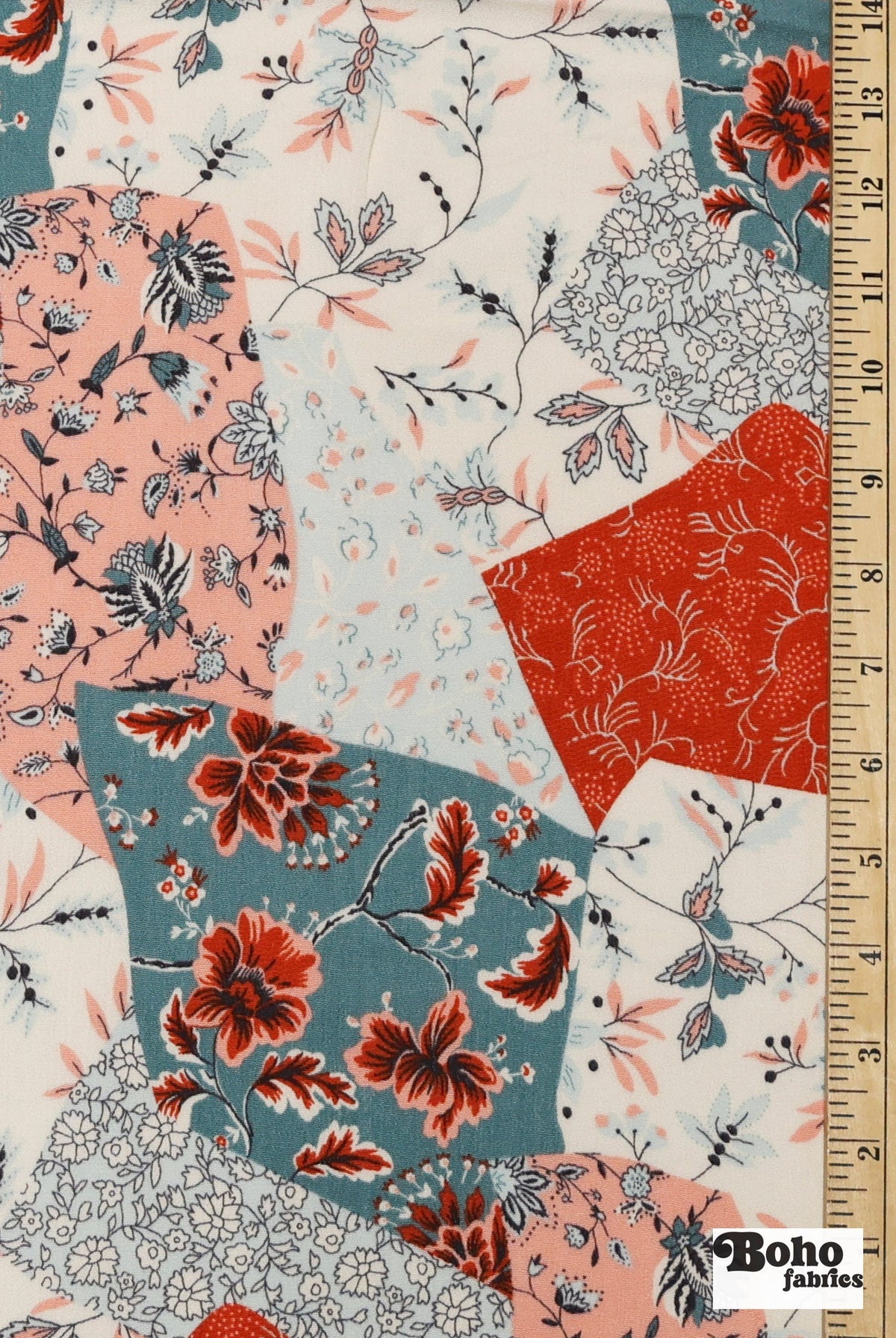 Red, Blue, and Peach Botanical Patchwork Rayon Crepe Woven Fabric - Boho Fabrics - Crepe, Woven