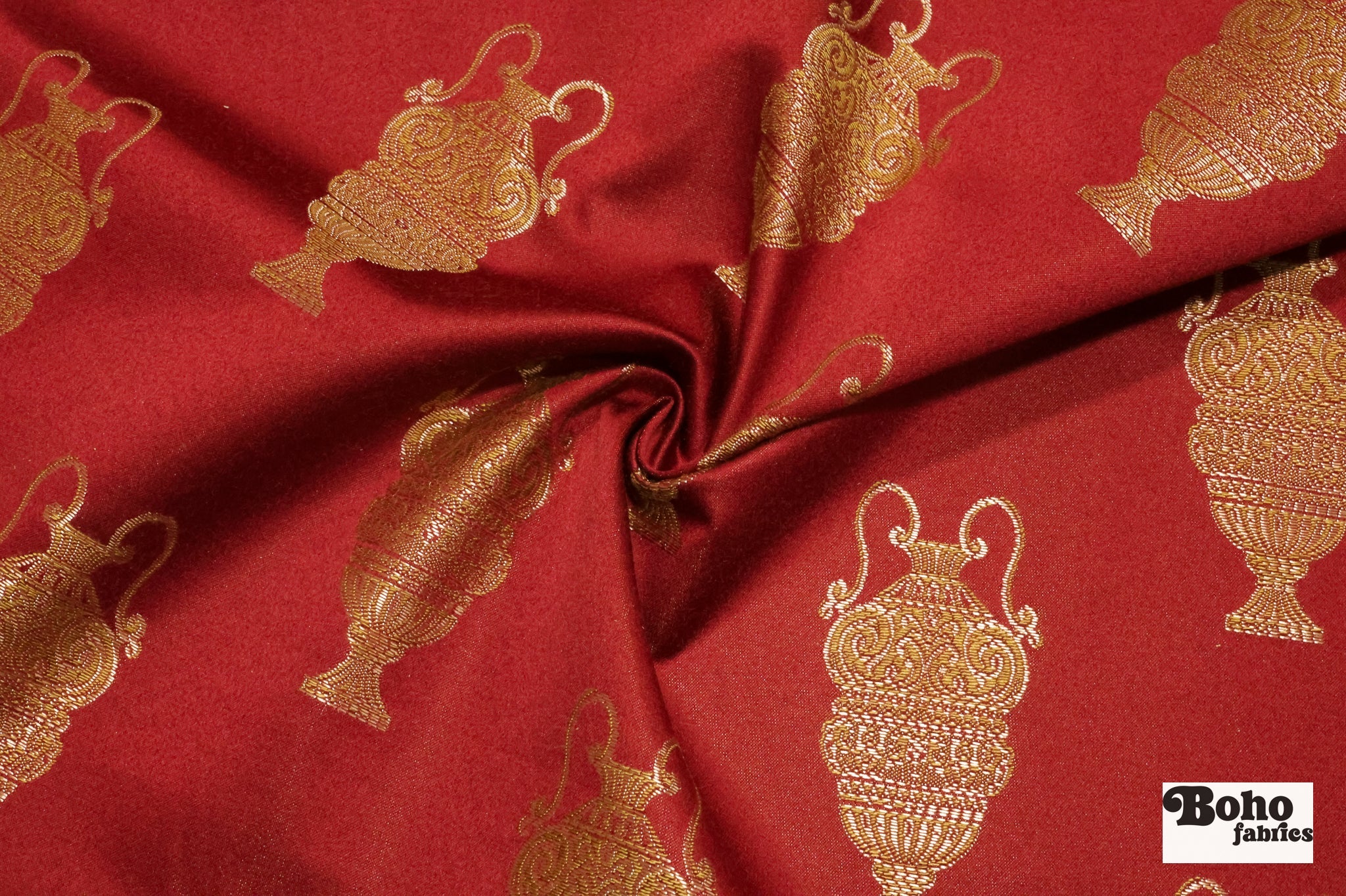 Red & Gold Antique Vase Jacquard Woven Fabric - Boho Fabrics - Jacquard, Woven
