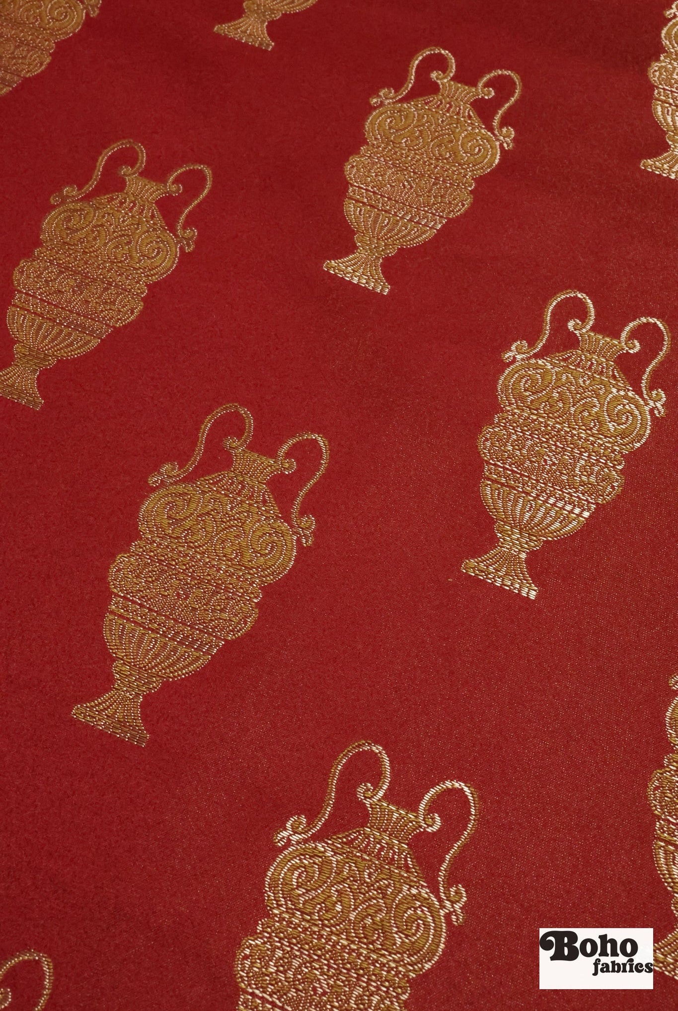 Red & Gold Antique Vase Jacquard Woven Fabric - Boho Fabrics - Jacquard, Woven