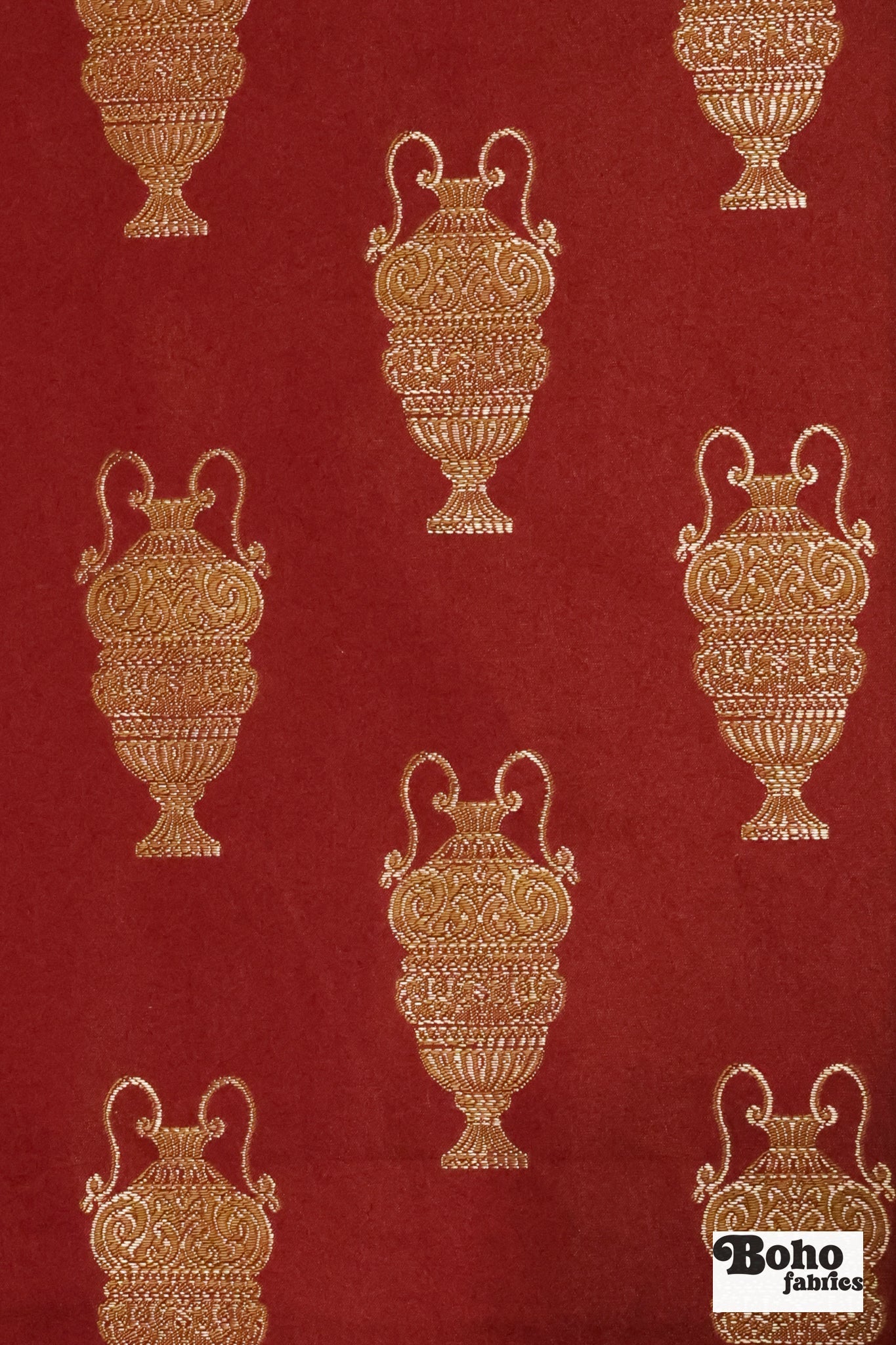 Red & Gold Antique Vase Jacquard Woven Fabric - Boho Fabrics - Jacquard, Woven