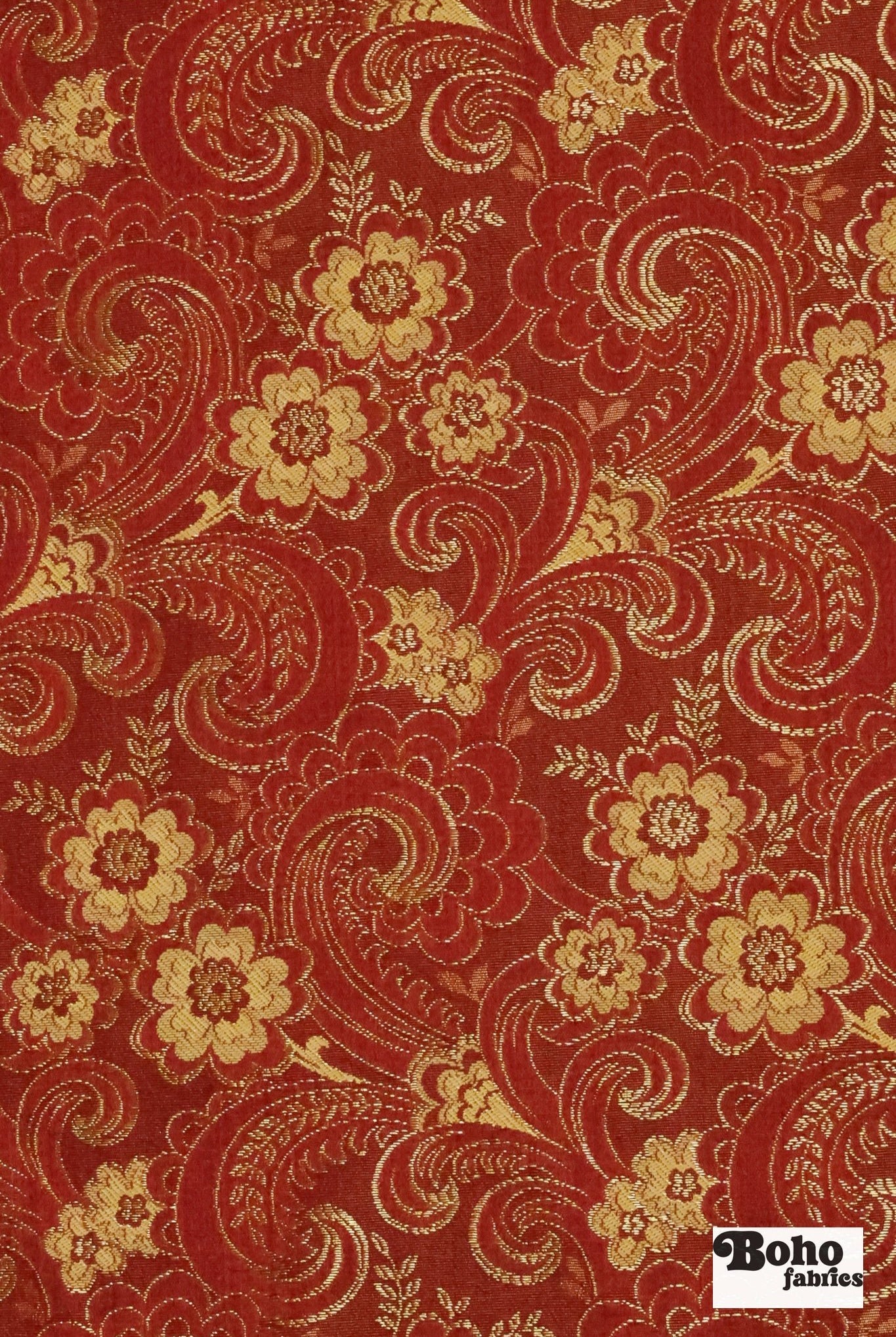 Red & Gold Floral Paisley Jacquard Woven Fabric - Boho Fabrics - Jacquard, Woven