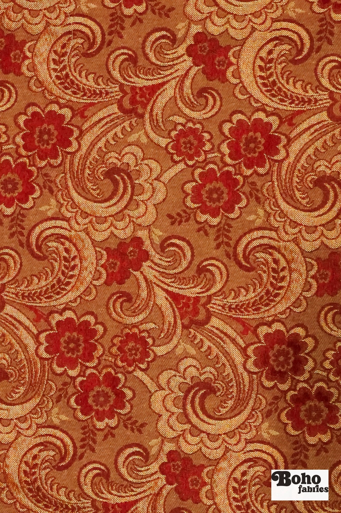 Red & Gold Floral Paisley Jacquard Woven Fabric - Boho Fabrics - Jacquard, Woven