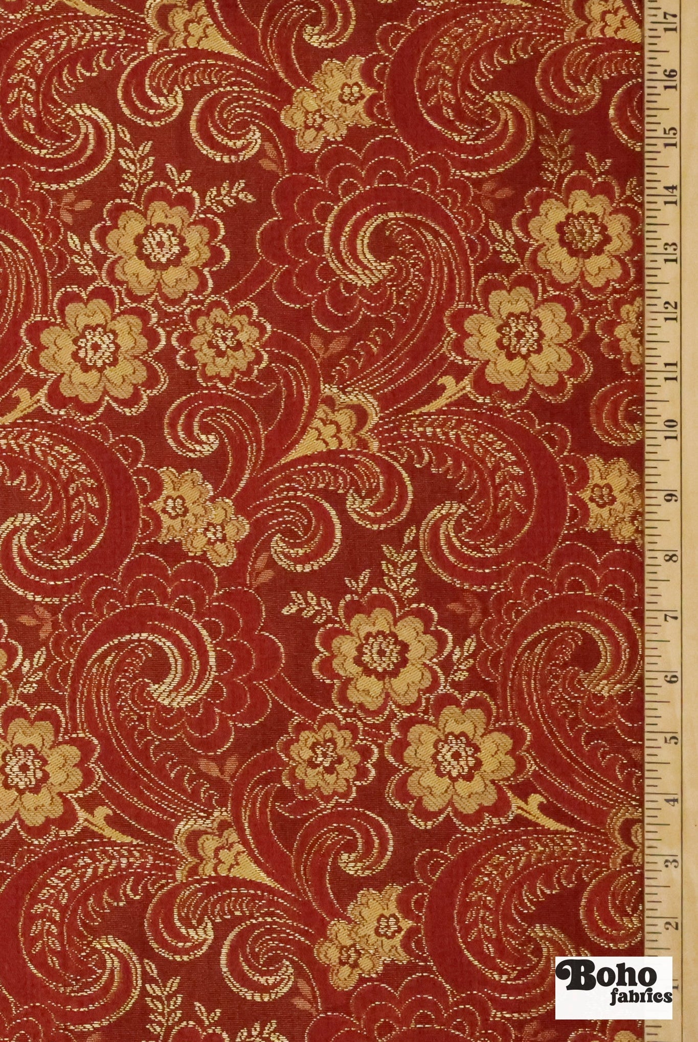 Red & Gold Floral Paisley Jacquard Woven Fabric - Boho Fabrics - Jacquard, Woven