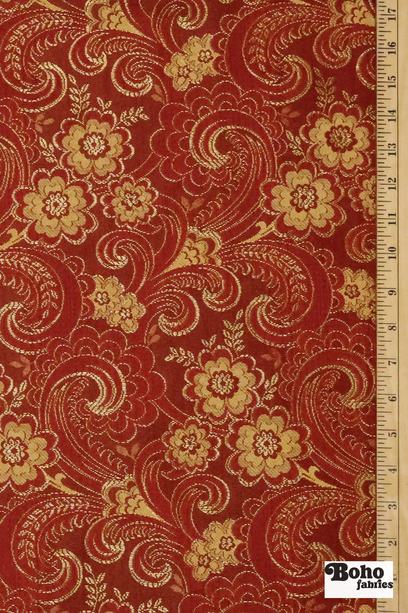 Red & Gold Floral Paisley Jacquard Woven Fabric - Boho Fabrics - Jacquard, Woven