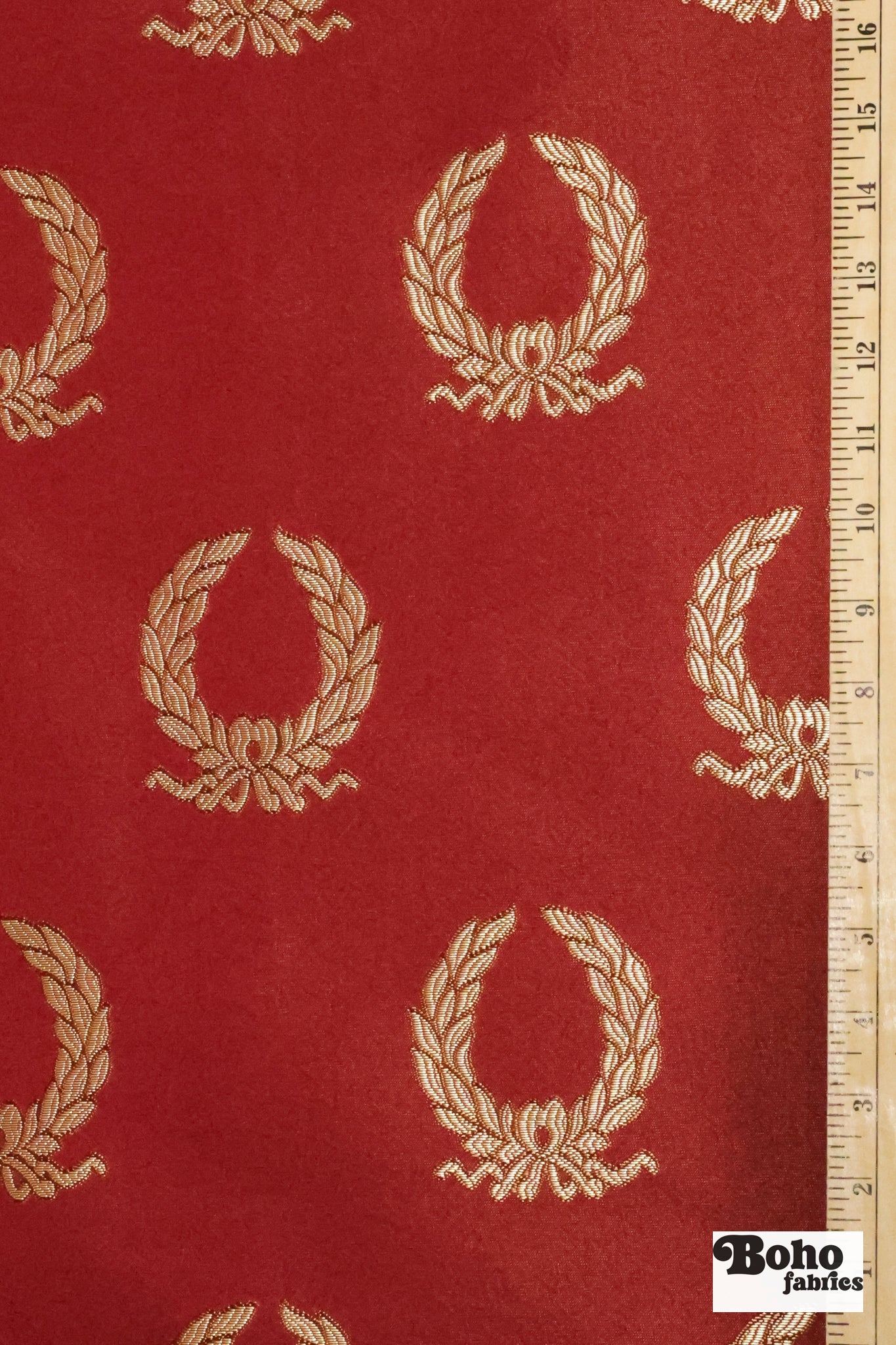 Red & Gold Laurel Wreaths Jacquard Woven Fabric - Boho Fabrics - Jacquard, Woven