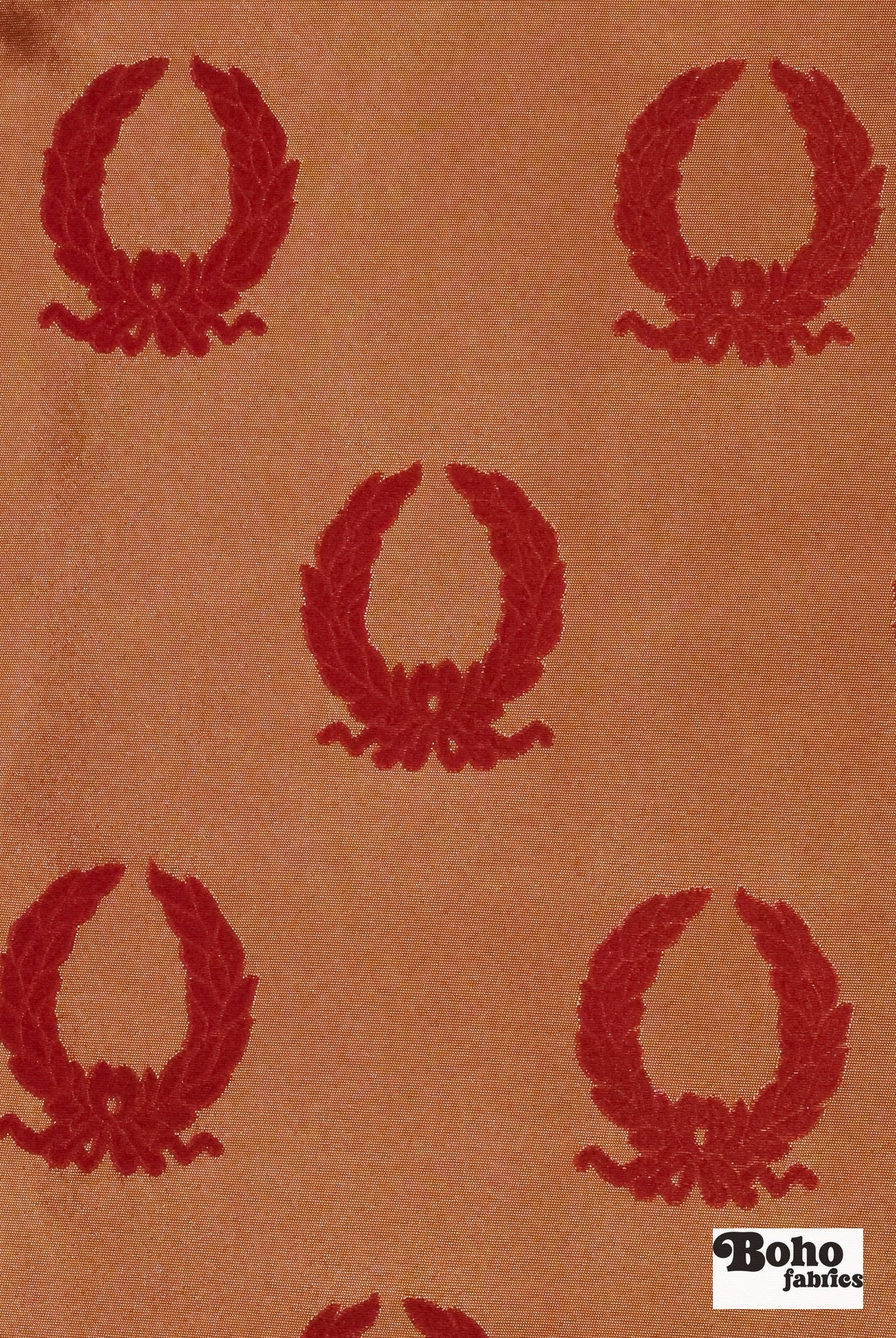 Red & Gold Laurel Wreaths Jacquard Woven Fabric - Boho Fabrics - Jacquard, Woven