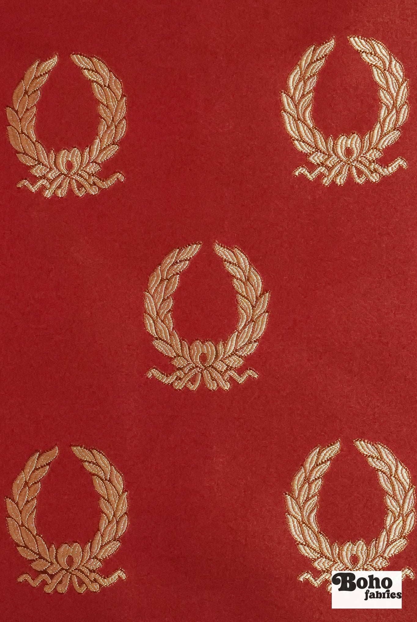 Red & Gold Laurel Wreaths Jacquard Woven Fabric - Boho Fabrics - Jacquard, Woven