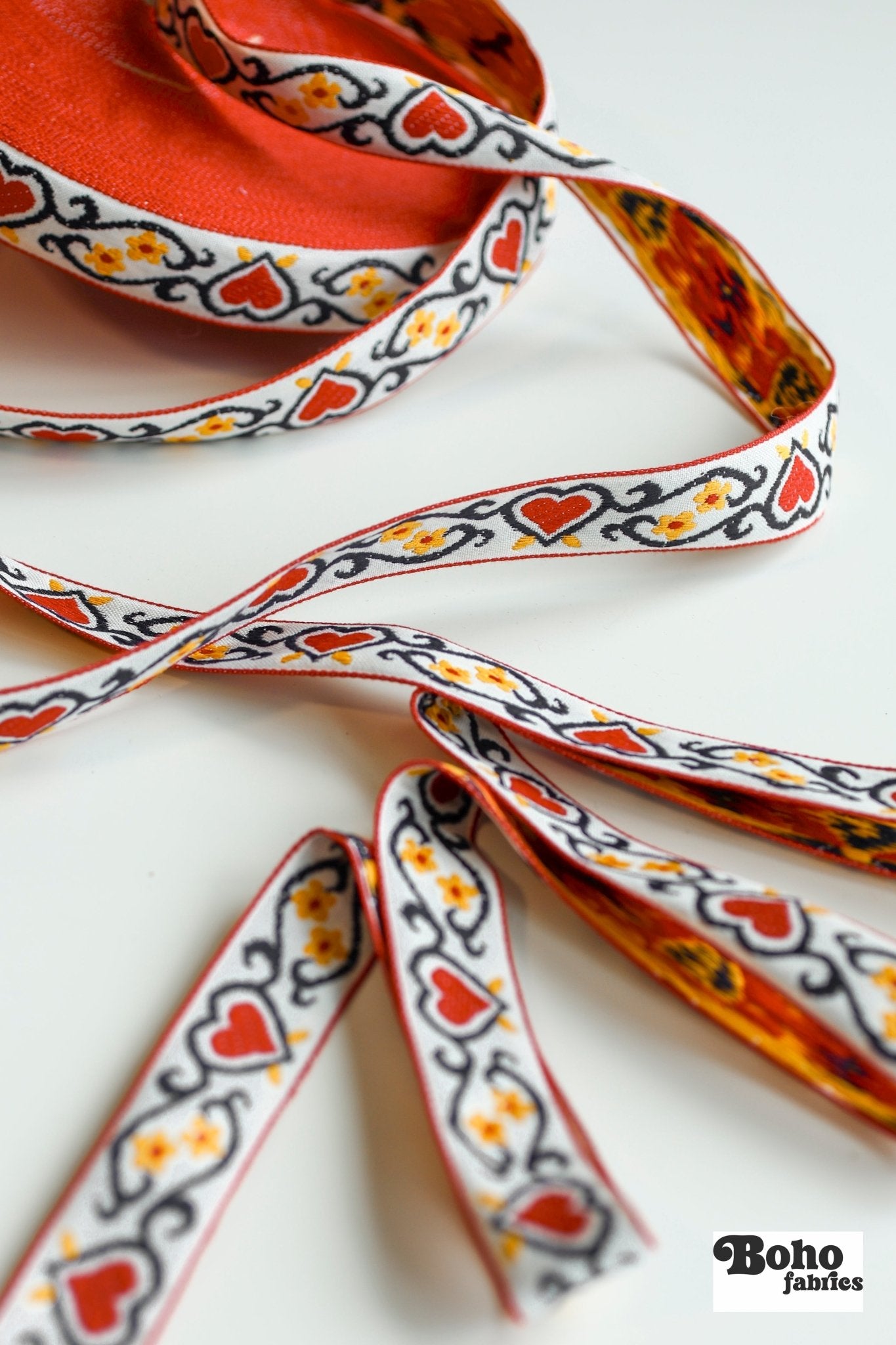 Red Hearts, 7/8" Jacquard Woven Trim.TRIM - 021 - Boho Fabrics - Trims