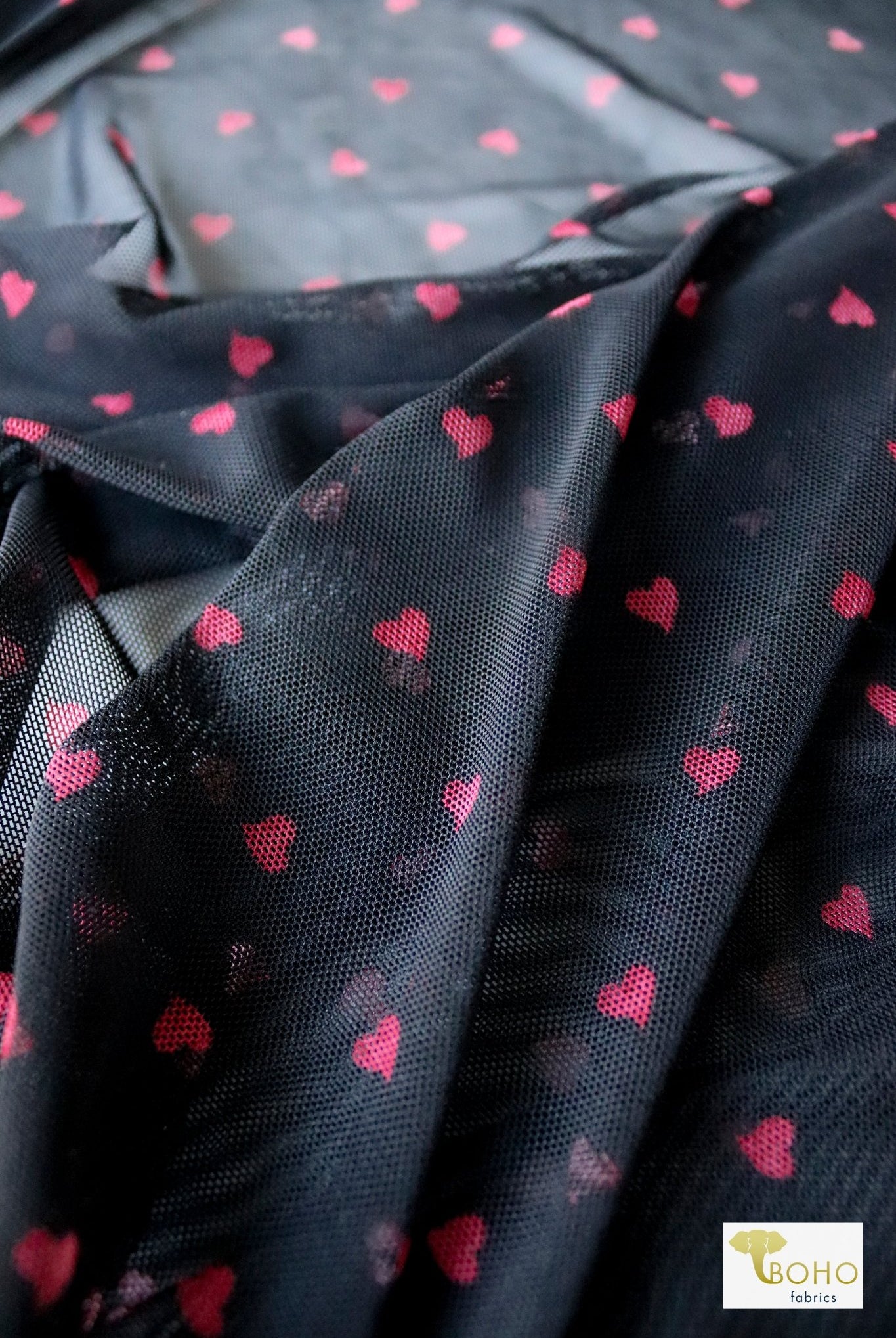 Red Hearts, Stretch Mesh Printed Fabric. - Boho Fabrics