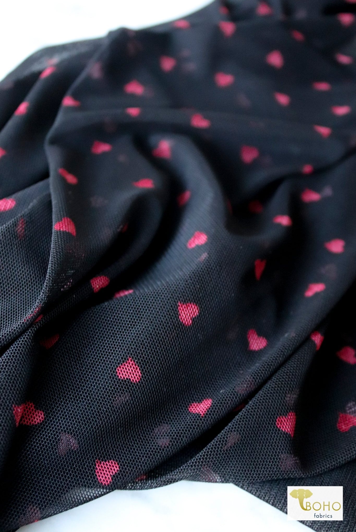Red Hearts, Stretch Mesh Printed Fabric. - Boho Fabrics