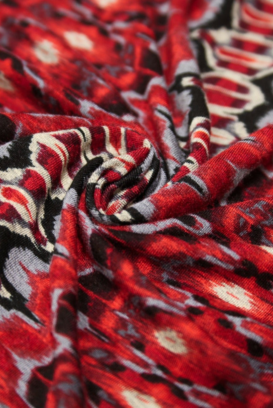 Red Ikat-Inspired Print, Rayon Spandex Jersey Knit Fabric - Boho Fabrics - Rayon Jersey Solid, Knit Fabric