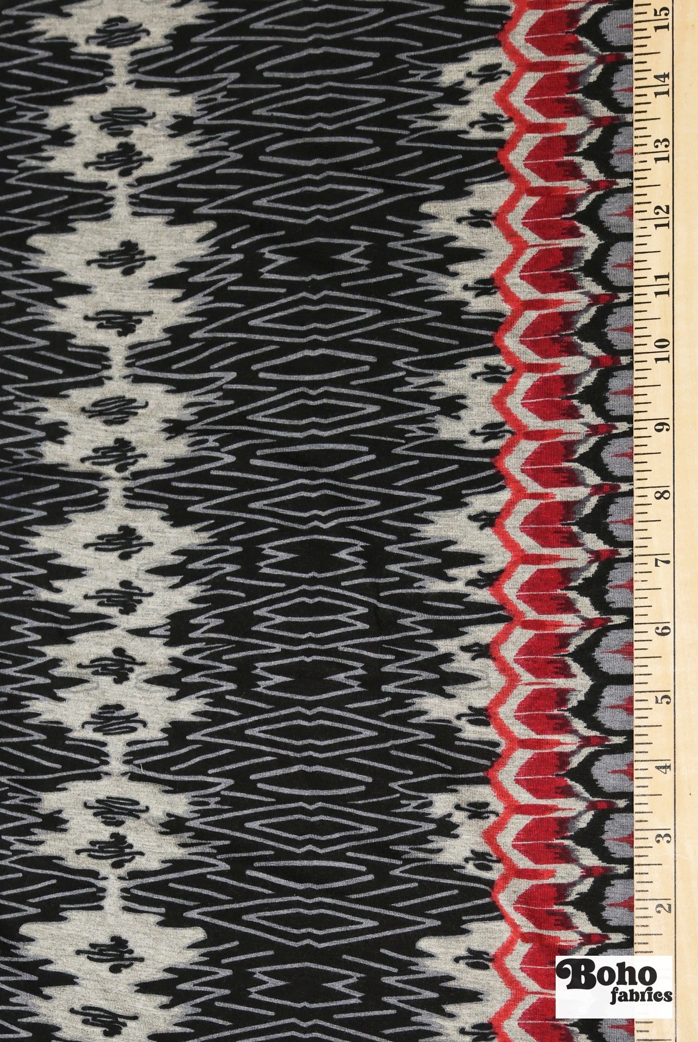 Red Ikat-Inspired Print, Rayon Spandex Jersey Knit Fabric - Boho Fabrics - Rayon Jersey Solid, Knit Fabric