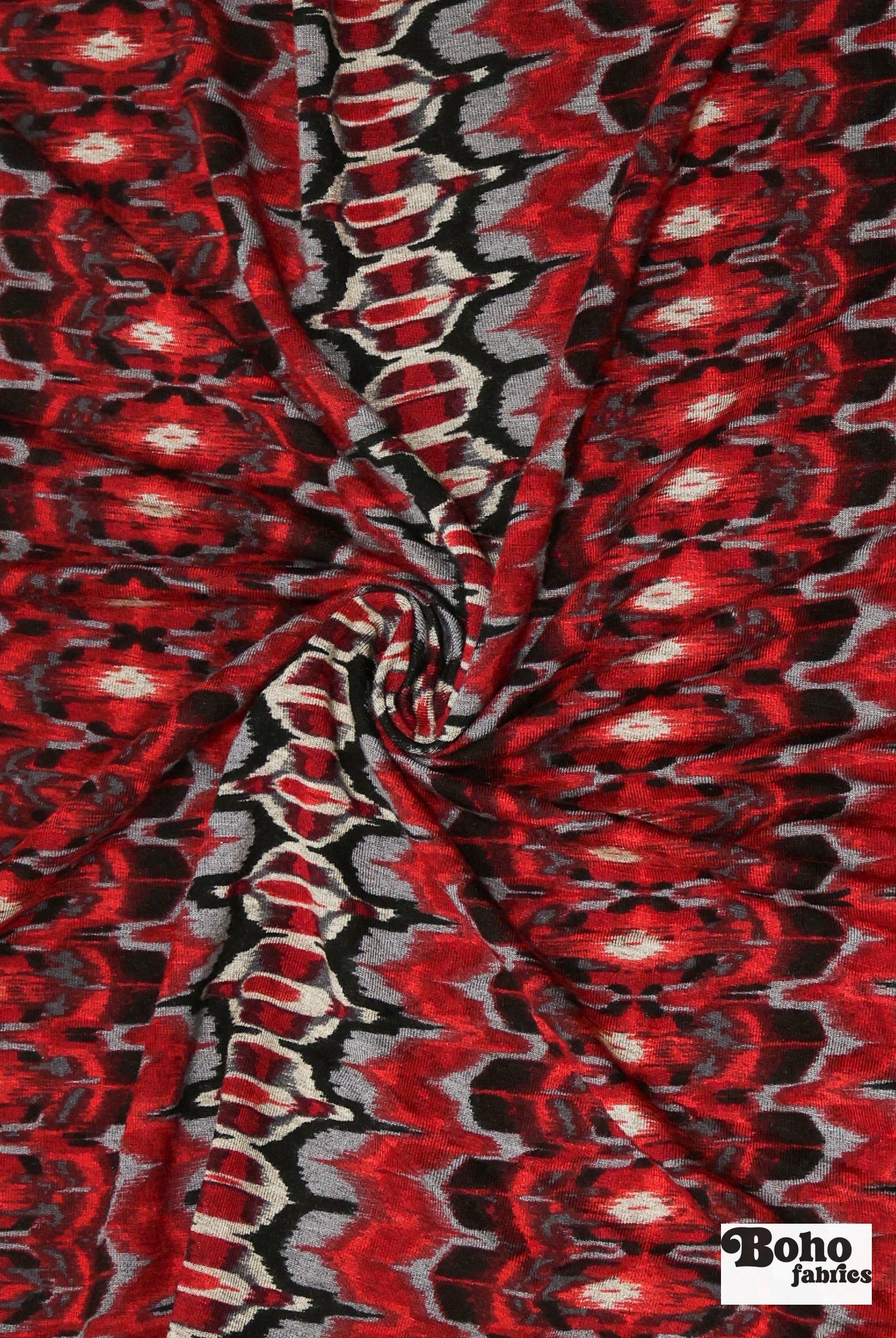 Red Ikat-Inspired Print, Rayon Spandex Jersey Knit Fabric - Boho Fabrics - Rayon Jersey Solid, Knit Fabric