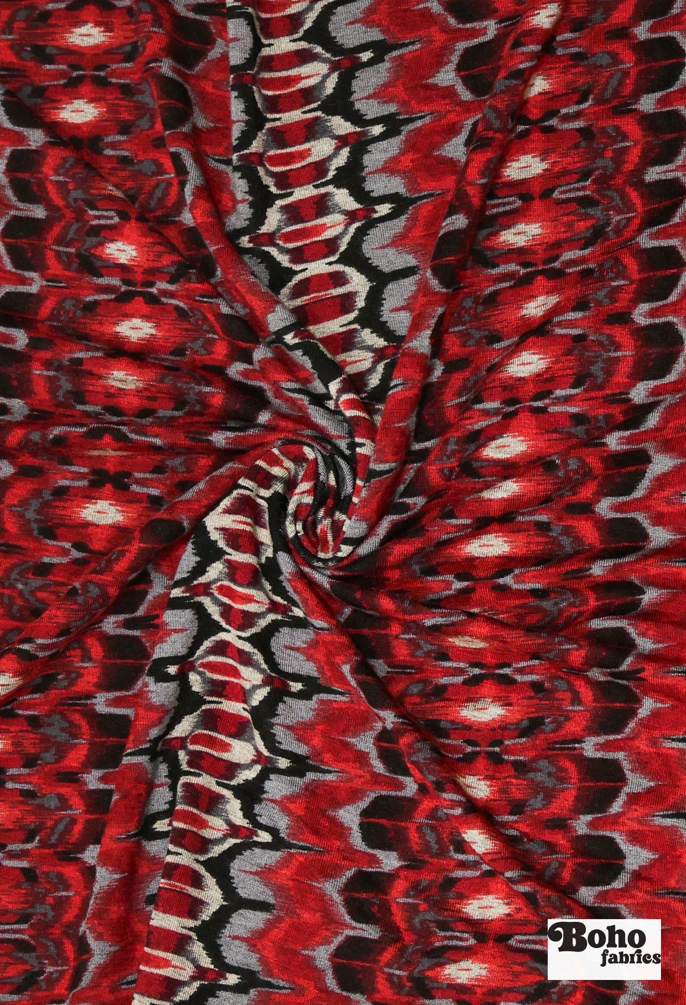 Red Ikat-Inspired Print, Rayon Spandex Jersey Knit Fabric - Boho Fabrics - Rayon Jersey Solid, Knit Fabric