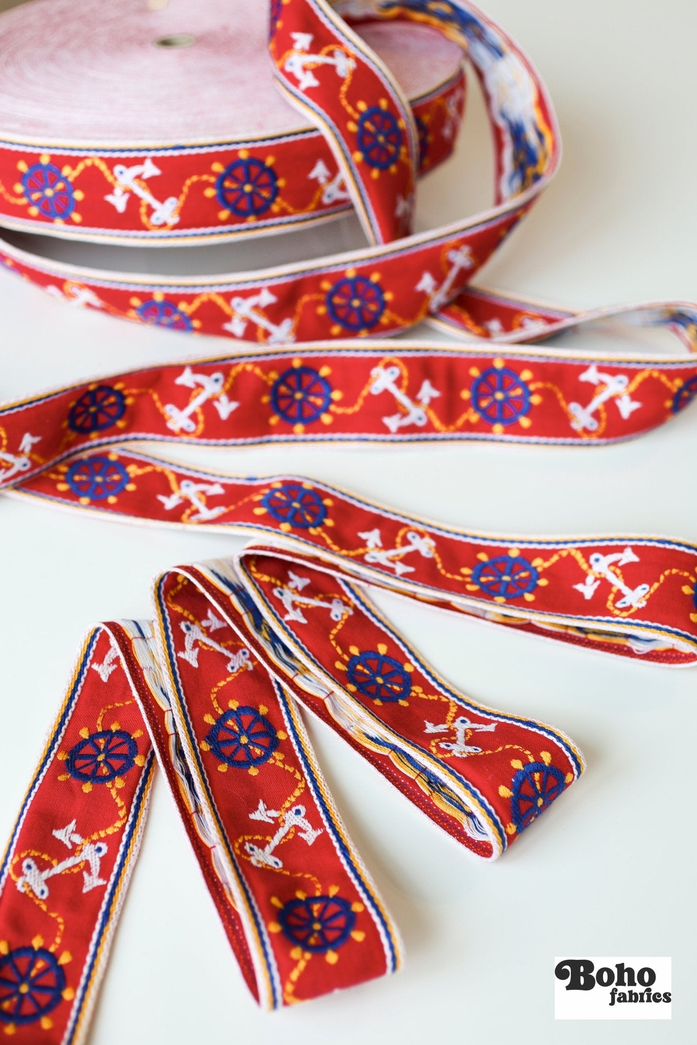 Red Nautical, 2" Woven Jacquard Trim. TRIM - 025 - Boho Fabrics - Trims