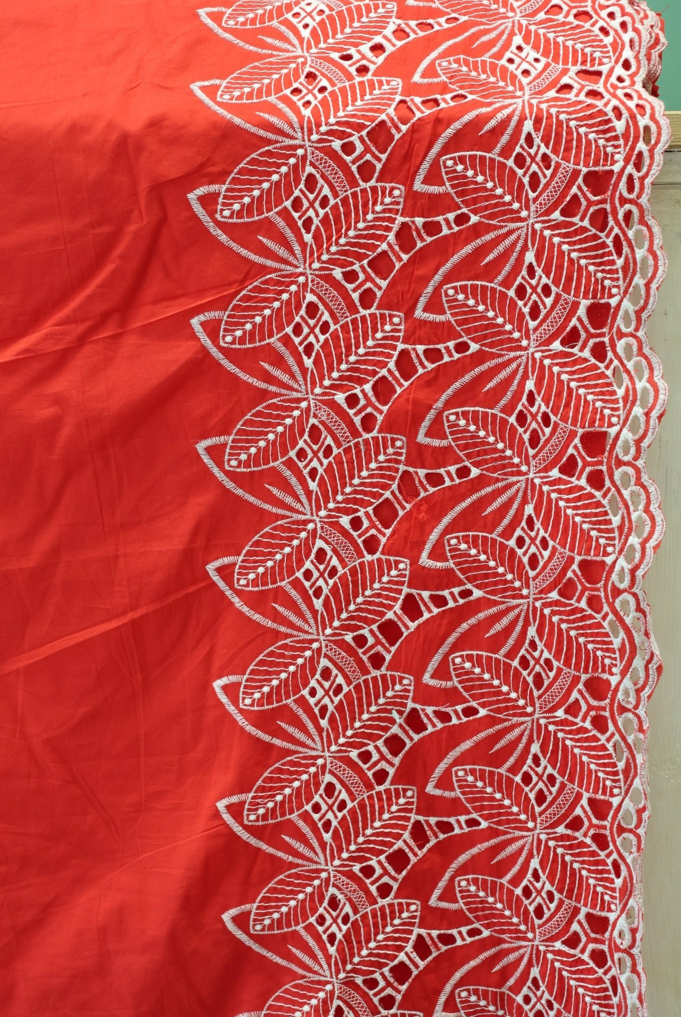 Red, Retro Tropic Embroidered Florals, Cotton Woven Fabric - Boho Fabrics - Shirting, Woven