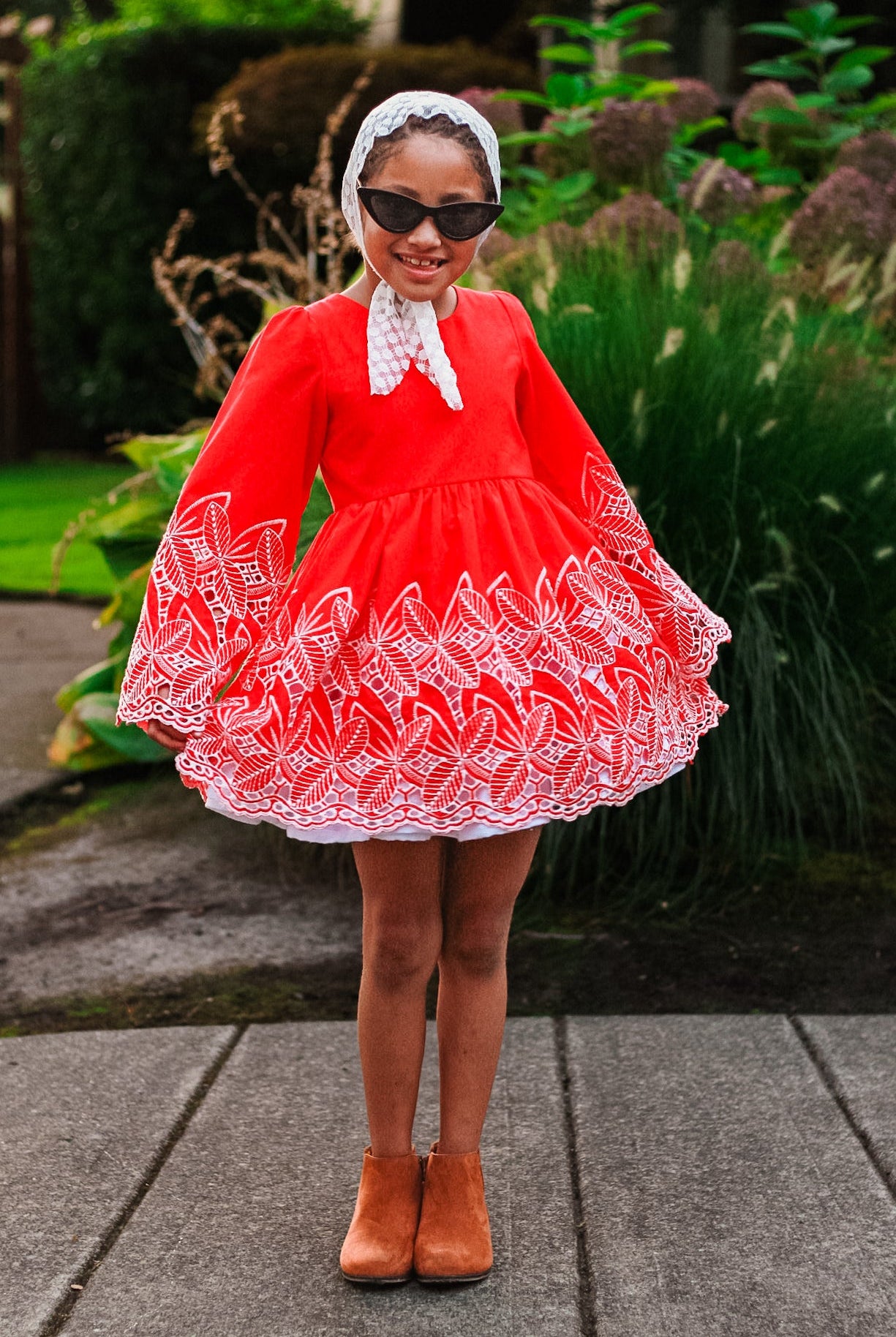 Red, Retro Tropic Embroidered Florals, Cotton Woven Fabric - Boho Fabrics - Shirting, Woven