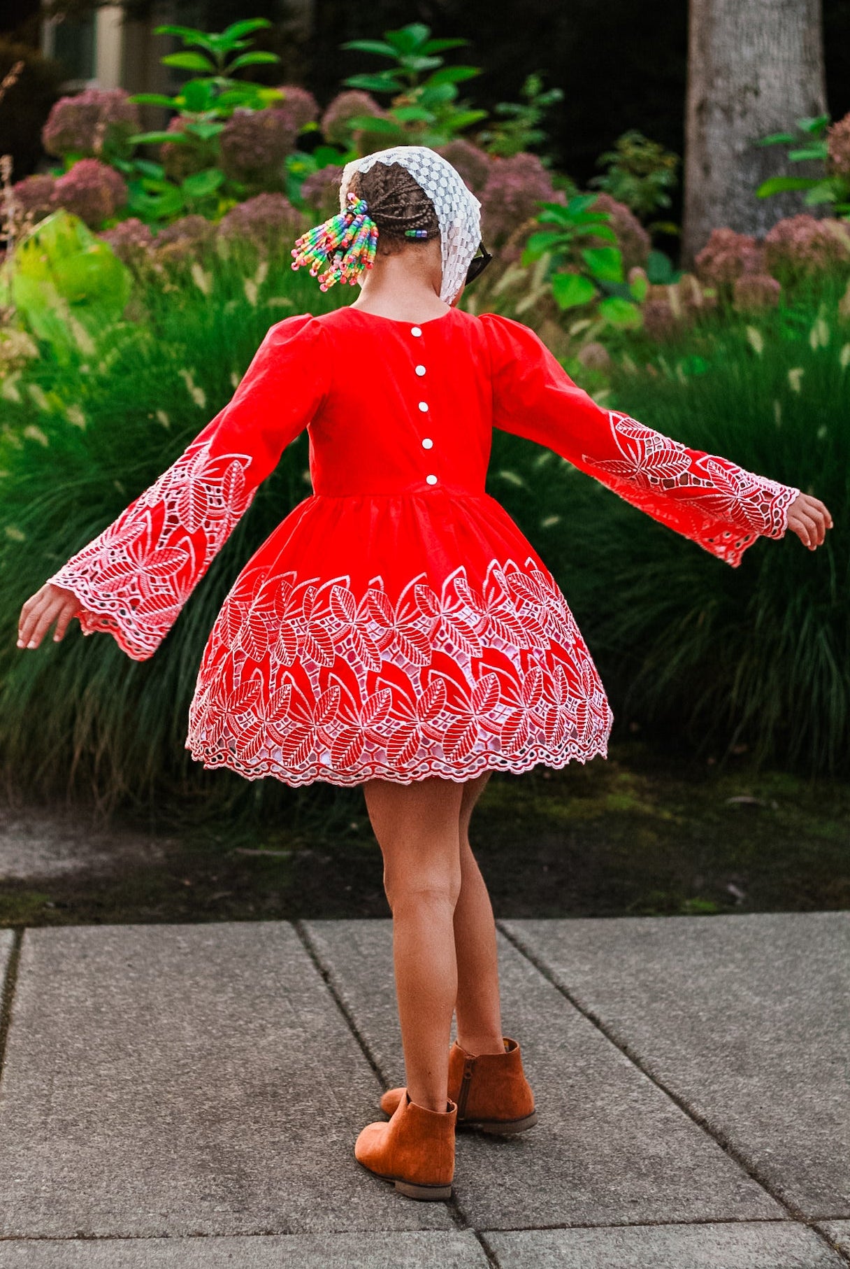 Red, Retro Tropic Embroidered Florals, Cotton Woven Fabric - Boho Fabrics - Shirting, Woven