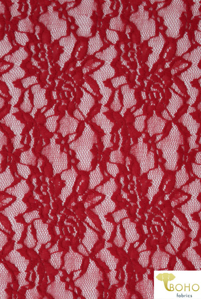 Red Rosebuds. Stretch Lace. SL-102-RED - Boho Fabrics