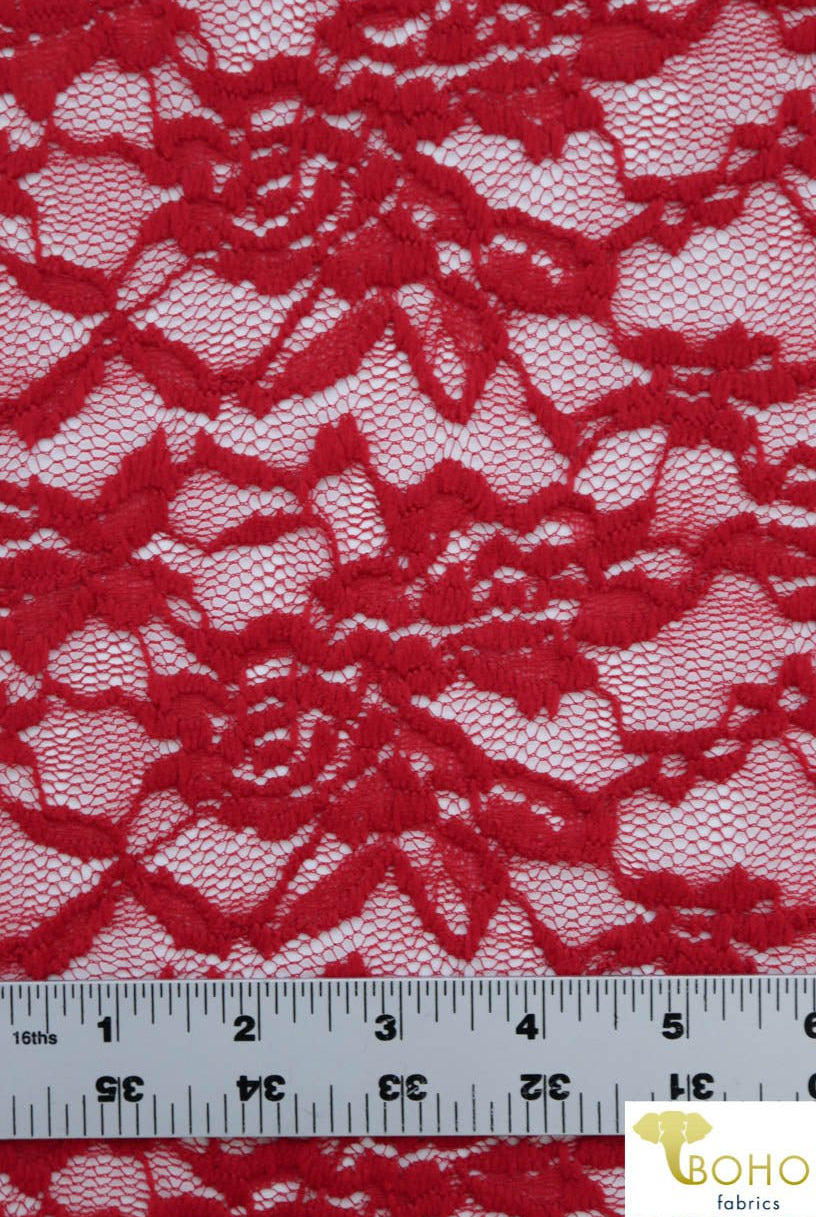 Red Rosebuds. Stretch Lace. SL-102-RED - Boho Fabrics