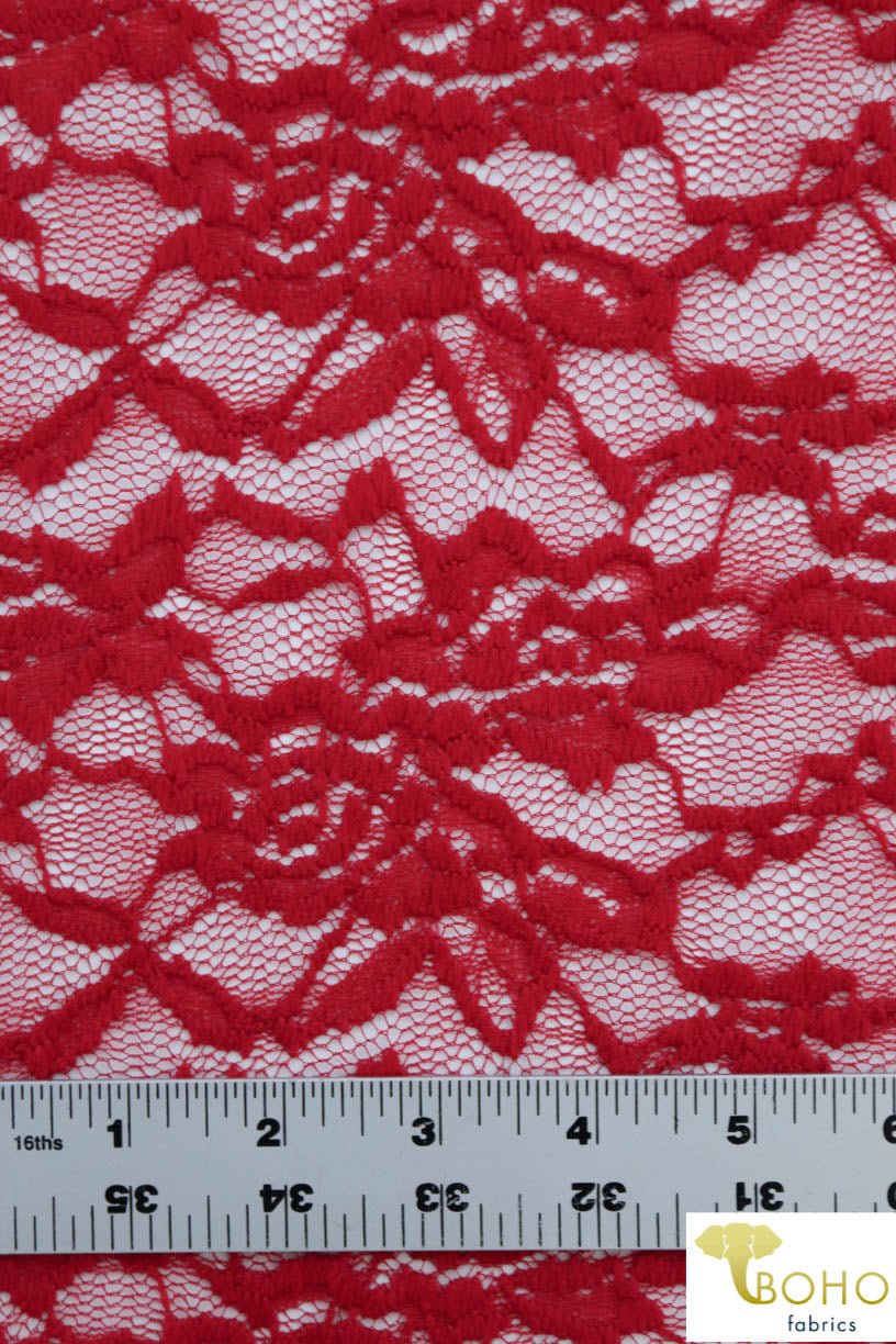 Red Rosebuds. Stretch Lace. SL-102-RED - Boho Fabrics