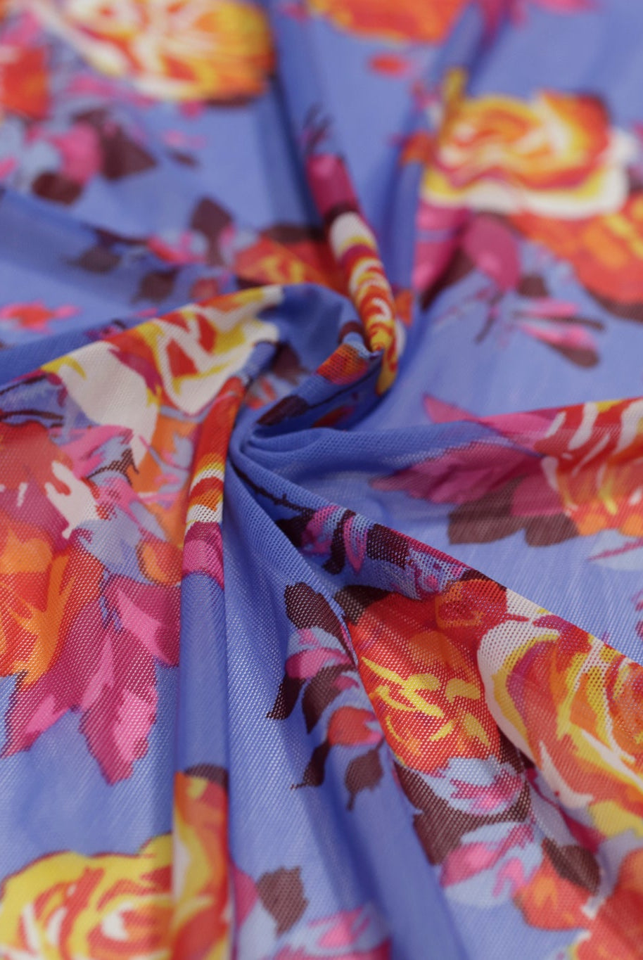 Red Roses on Blue. Power Mesh - Boho Fabrics - Stretch Mesh