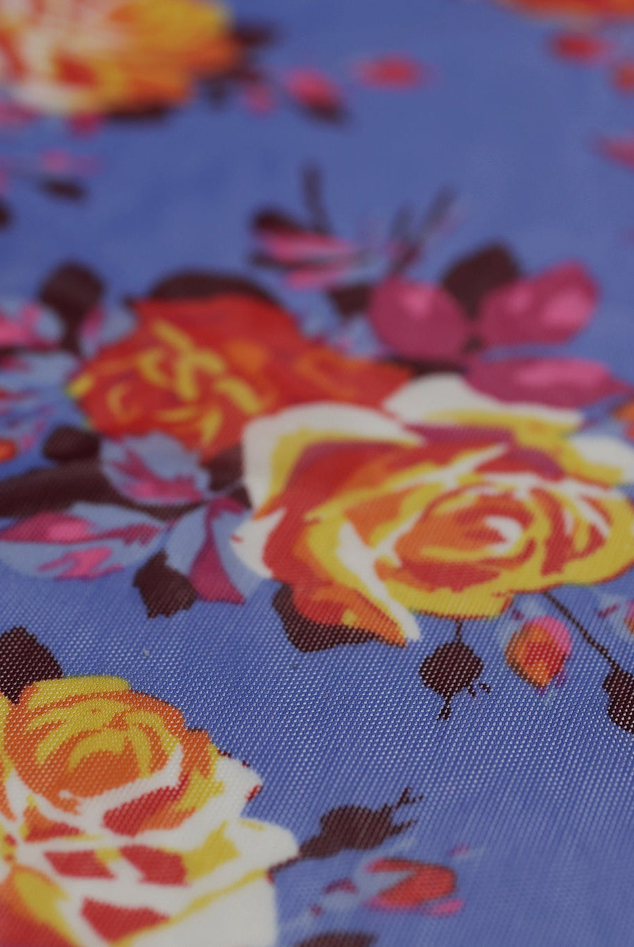 Red Roses on Blue. Power Mesh - Boho Fabrics - Stretch Mesh