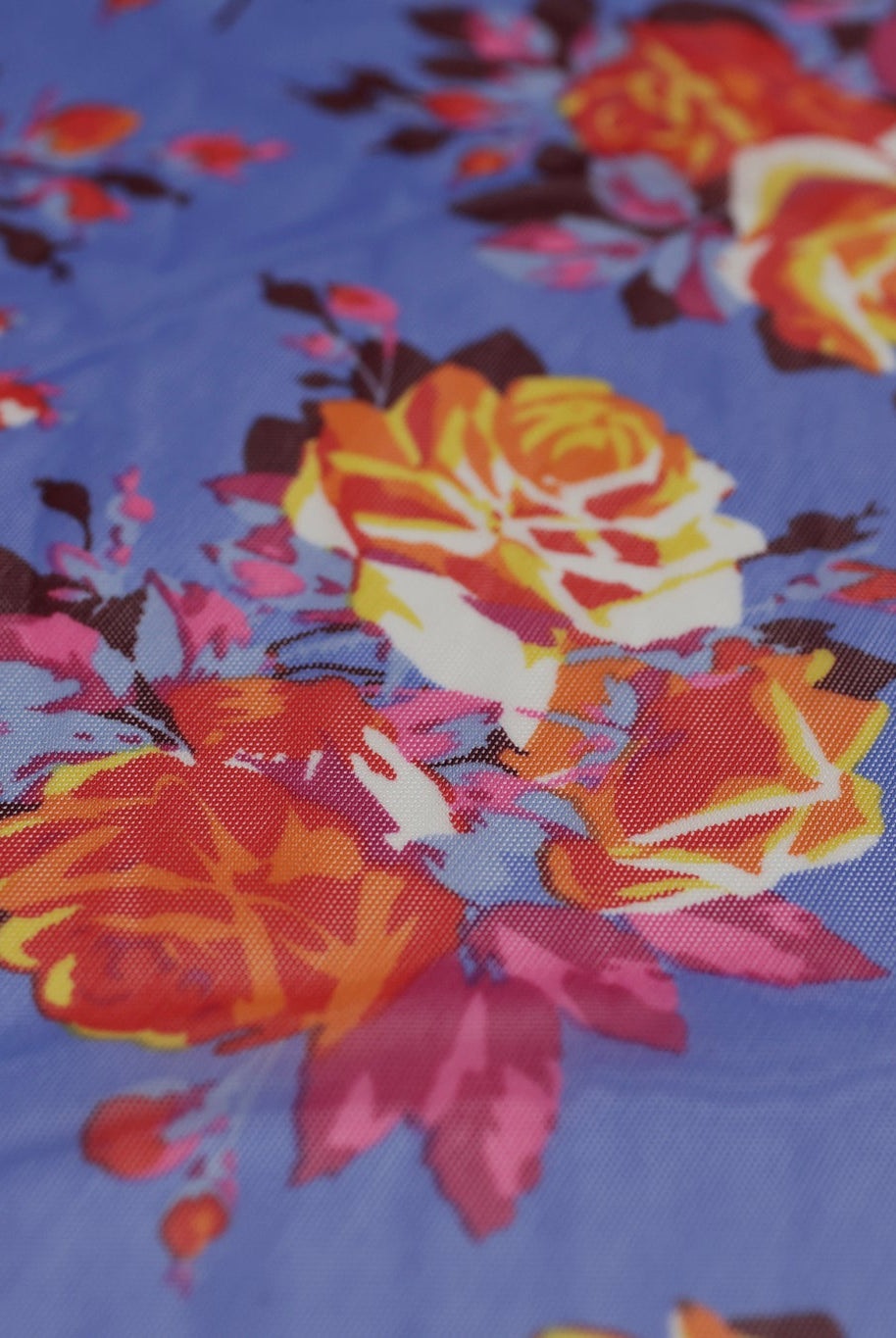 Red Roses on Blue. Power Mesh - Boho Fabrics - Stretch Mesh