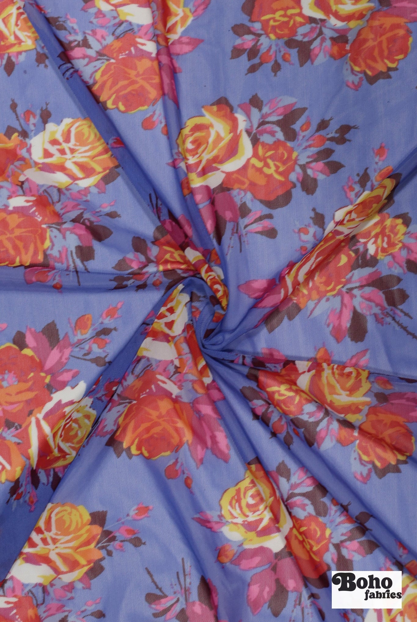 Red Roses on Blue. Power Mesh - Boho Fabrics - Stretch Mesh