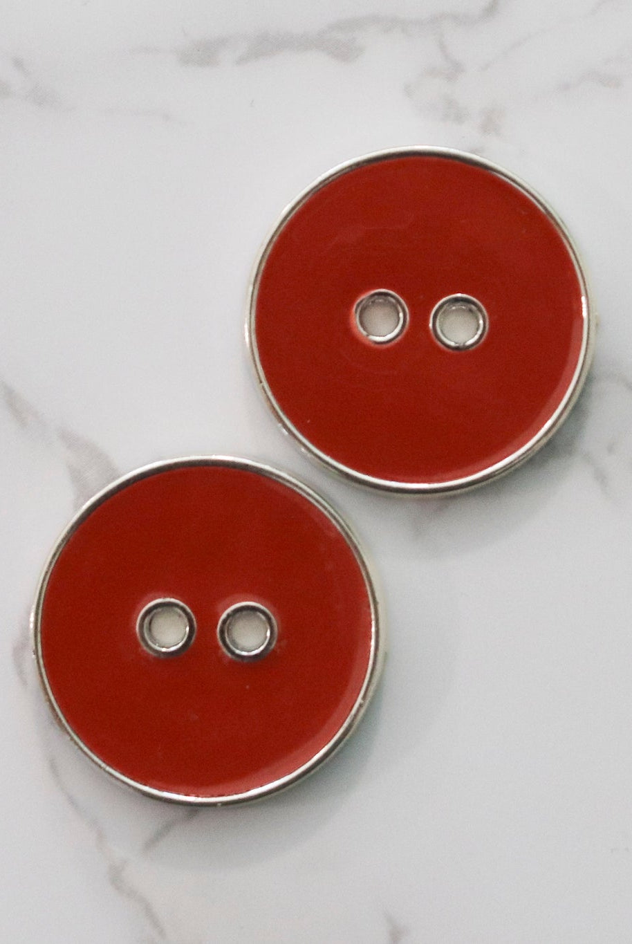 Red Silver Rimmed Two - hole Buttons. Available in 23mm (36L) and 28mm (44L) - Boho Fabrics - Buttons & Snaps