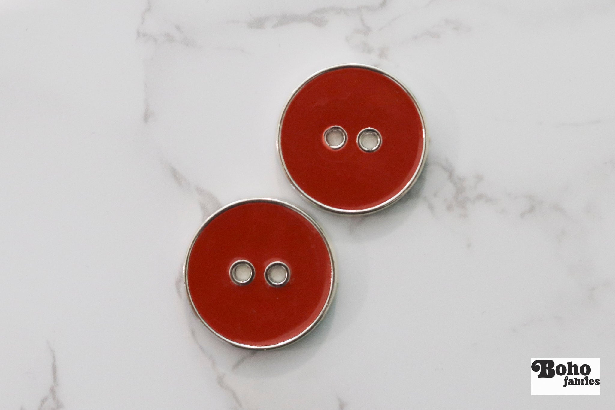 Red Silver Rimmed Two - hole Buttons. Available in 23mm (36L) and 28mm (44L) - Boho Fabrics - Buttons & Snaps