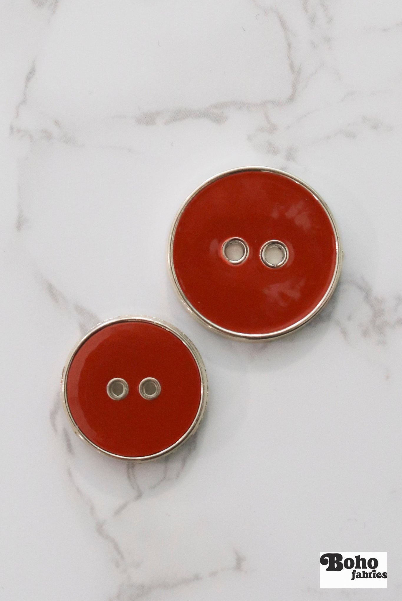 Red Silver Rimmed Two - hole Buttons. Available in 23mm (36L) and 28mm (44L) - Boho Fabrics - Buttons & Snaps
