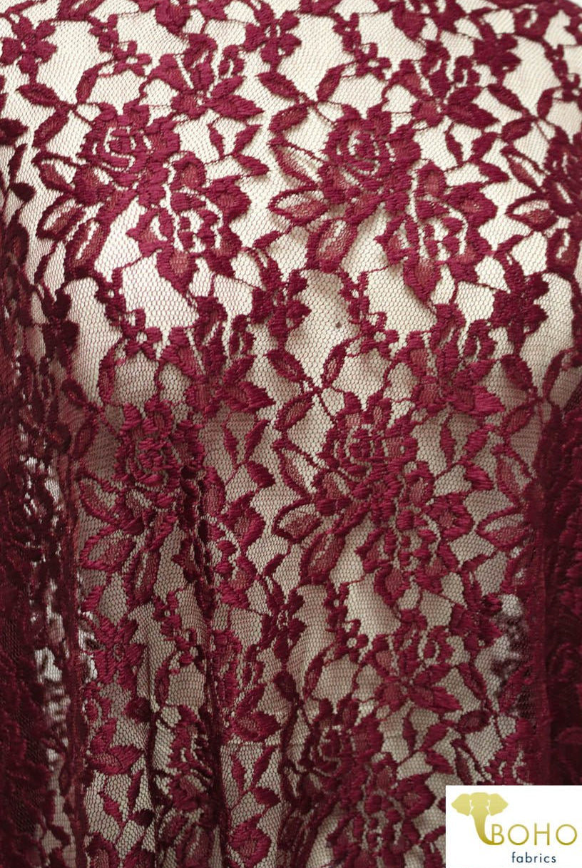 Red Wine Florals. Stretch Lace. SL-103. - Boho Fabrics
