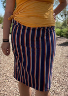 Red/Orange Vertical Stripes on Navy Blue, DBP. BPP-318 - Boho Fabrics