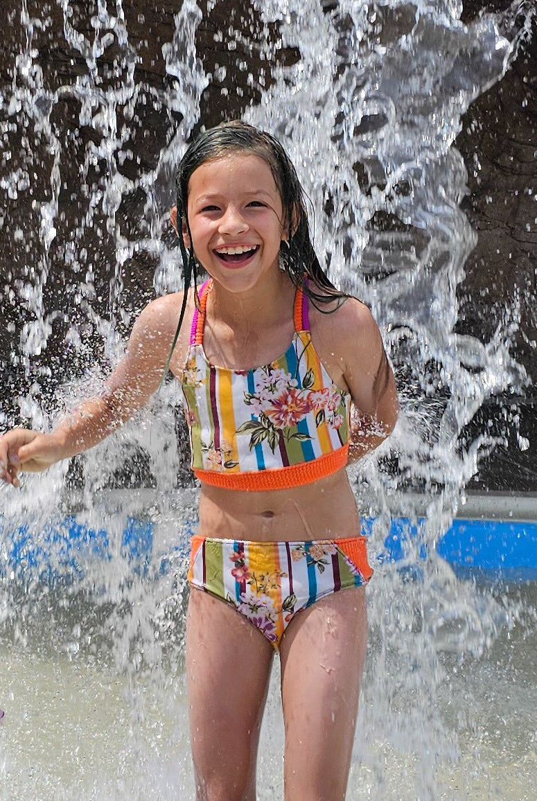 Retro Floral Stripes (Purple & Green), Printed Swim Knit Fabric. 32" Panel. - Boho Fabrics - Swim Knit, Printed Fabric