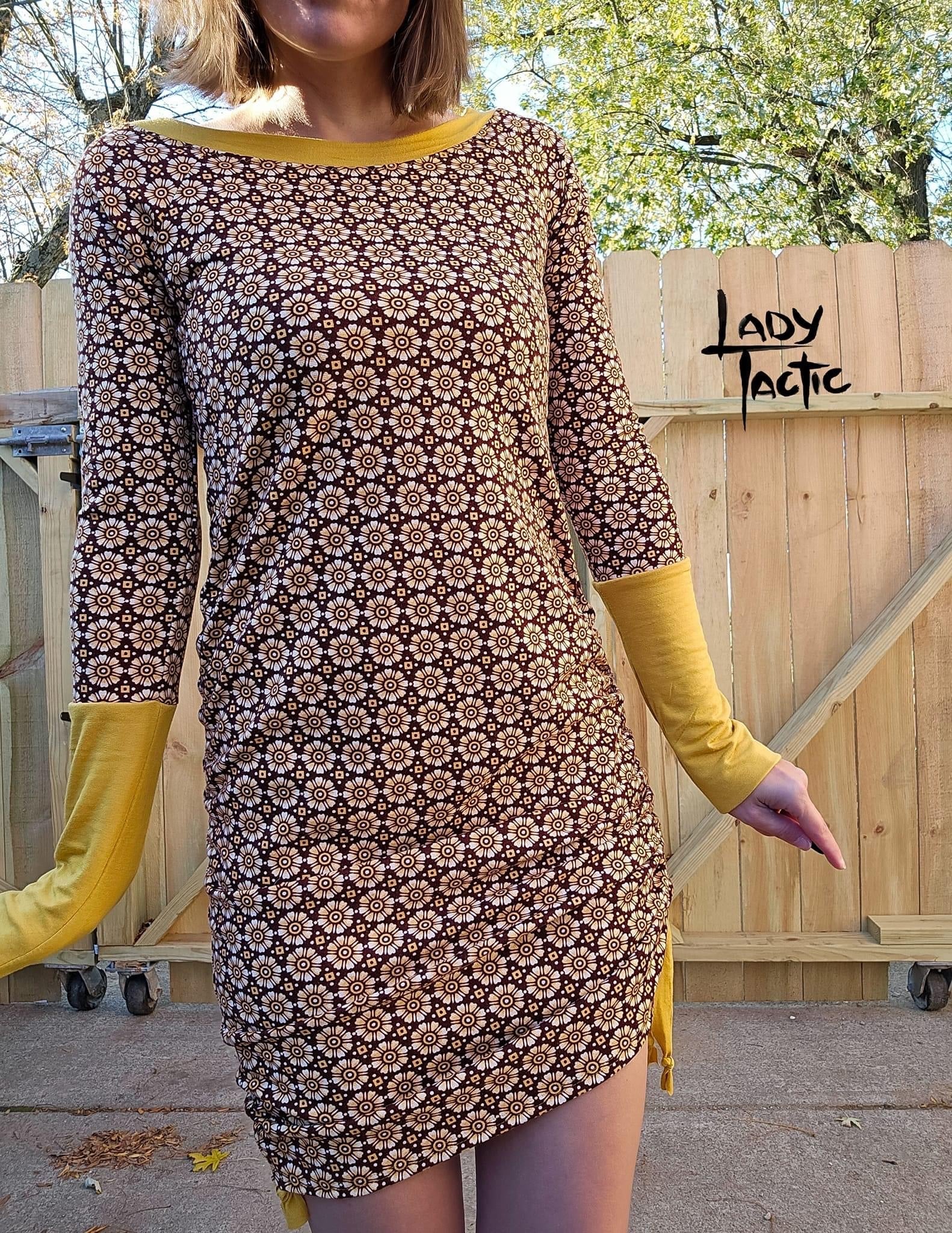 Retro Golden Daisies, Ponte Print Knit Fabric - Boho Fabrics