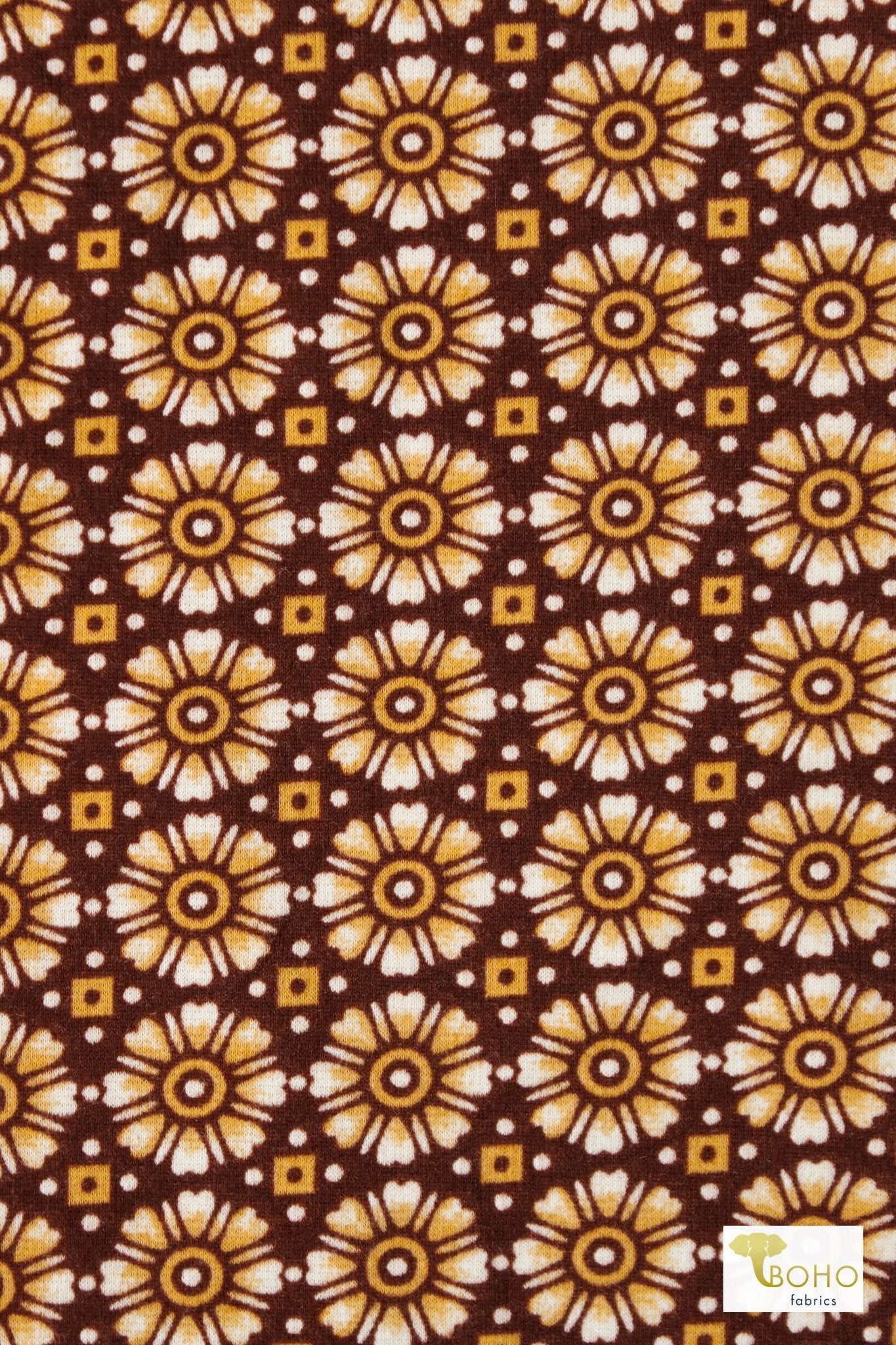 Retro Golden Daisies, Ponte Print Knit Fabric - Boho Fabrics