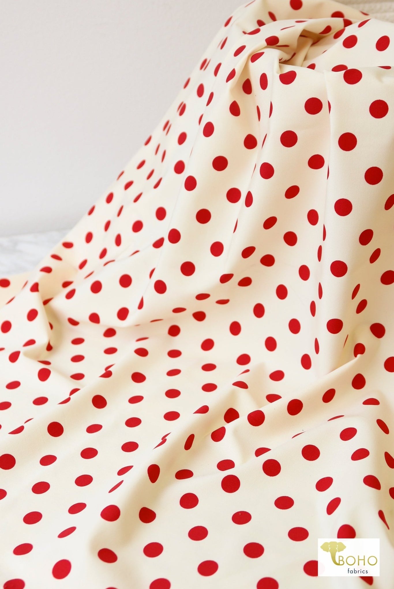 Retro Red Polka Dots on Ivory, Athletic Knit Fabric - Boho Fabrics - Athletic Knit Fabric