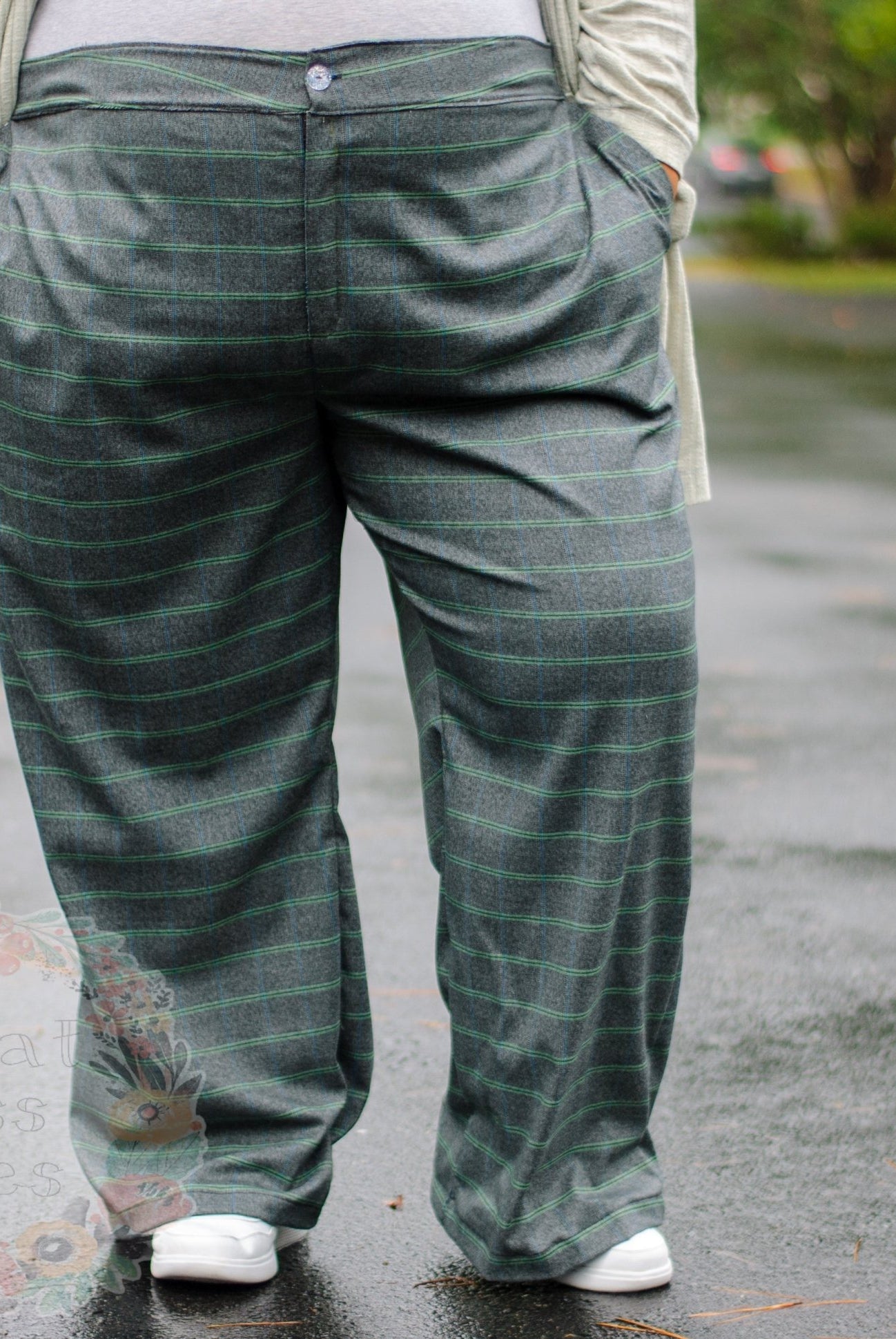 Retro Tailor Check in Charcoal with Green & Blue. Stretch Woven Fabric - Boho Fabrics - Stretch Woven Fabric